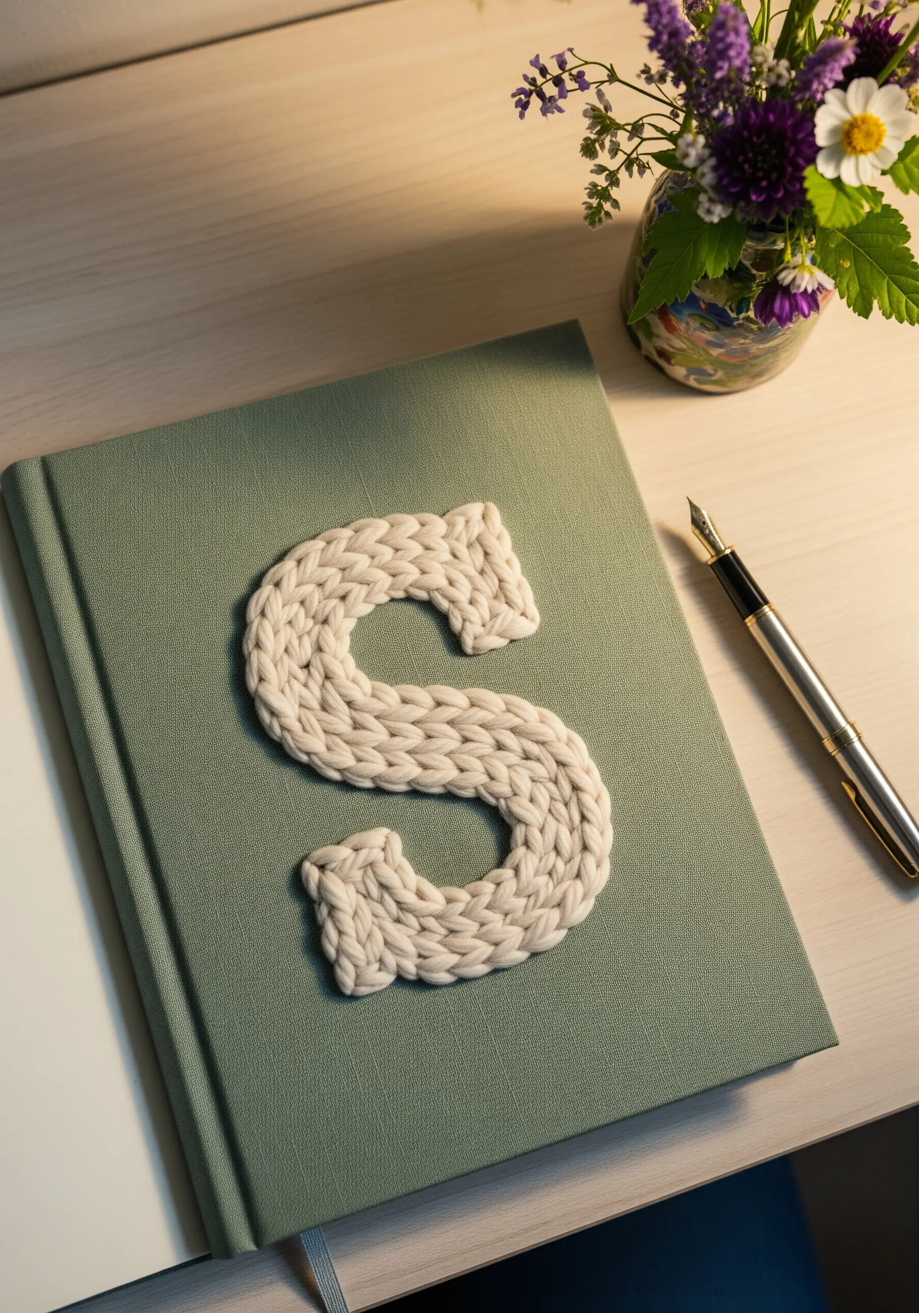 A large, textured initial 'S' made from thick, braided yarn attached to a green journal cover.