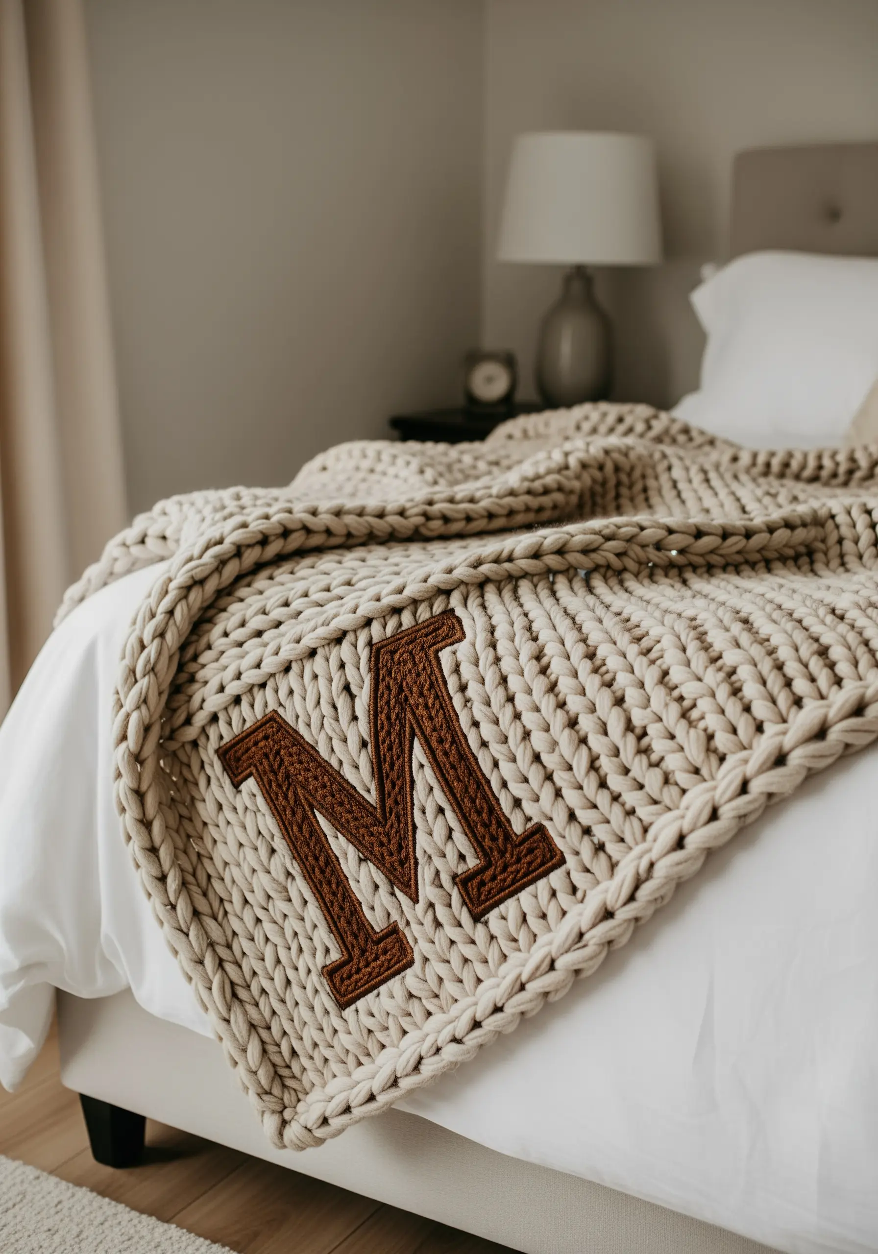 A brown satin-stitched initial 'M' on a patch, applied to a chunky beige knit blanket.