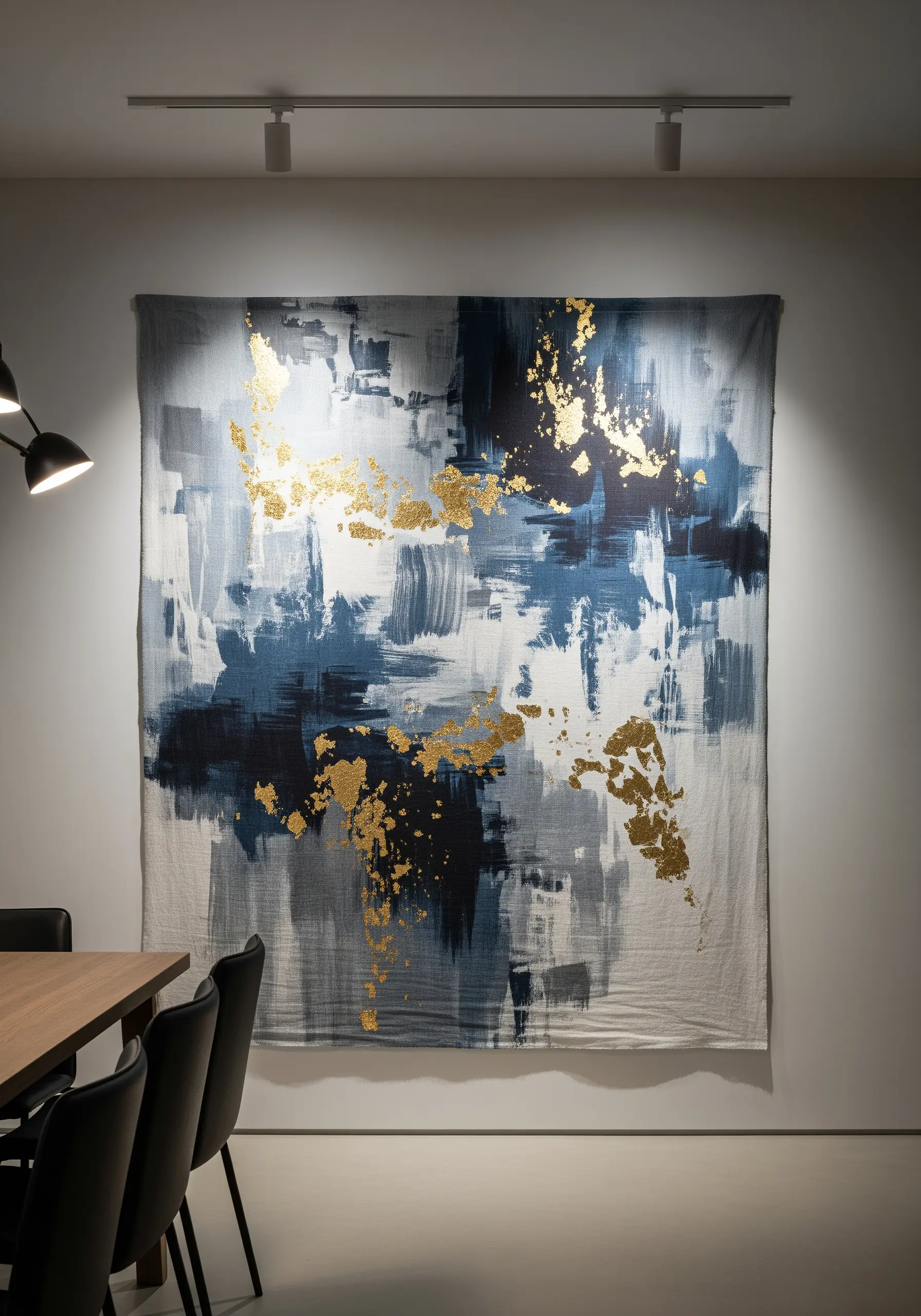 An abstract painted wall hanging in shades of blue and white with accents of gold leaf.
