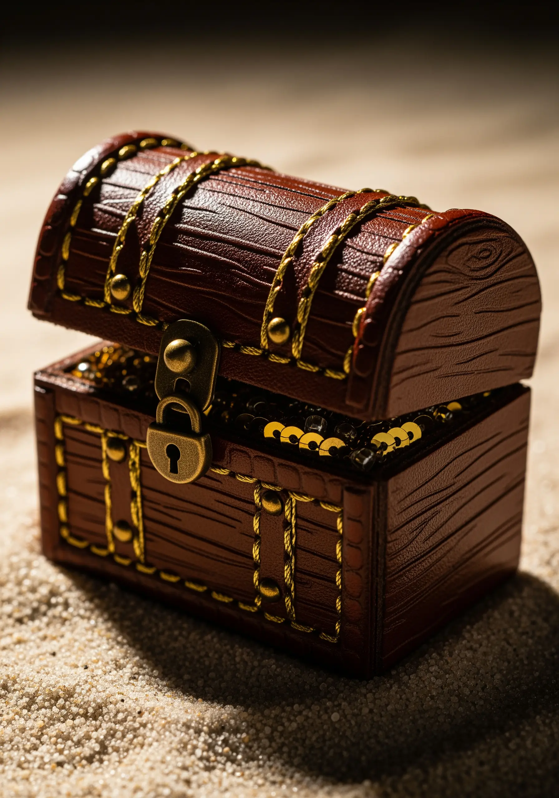 A miniature faux leather treasure chest embellished with couched gold metallic cord.
