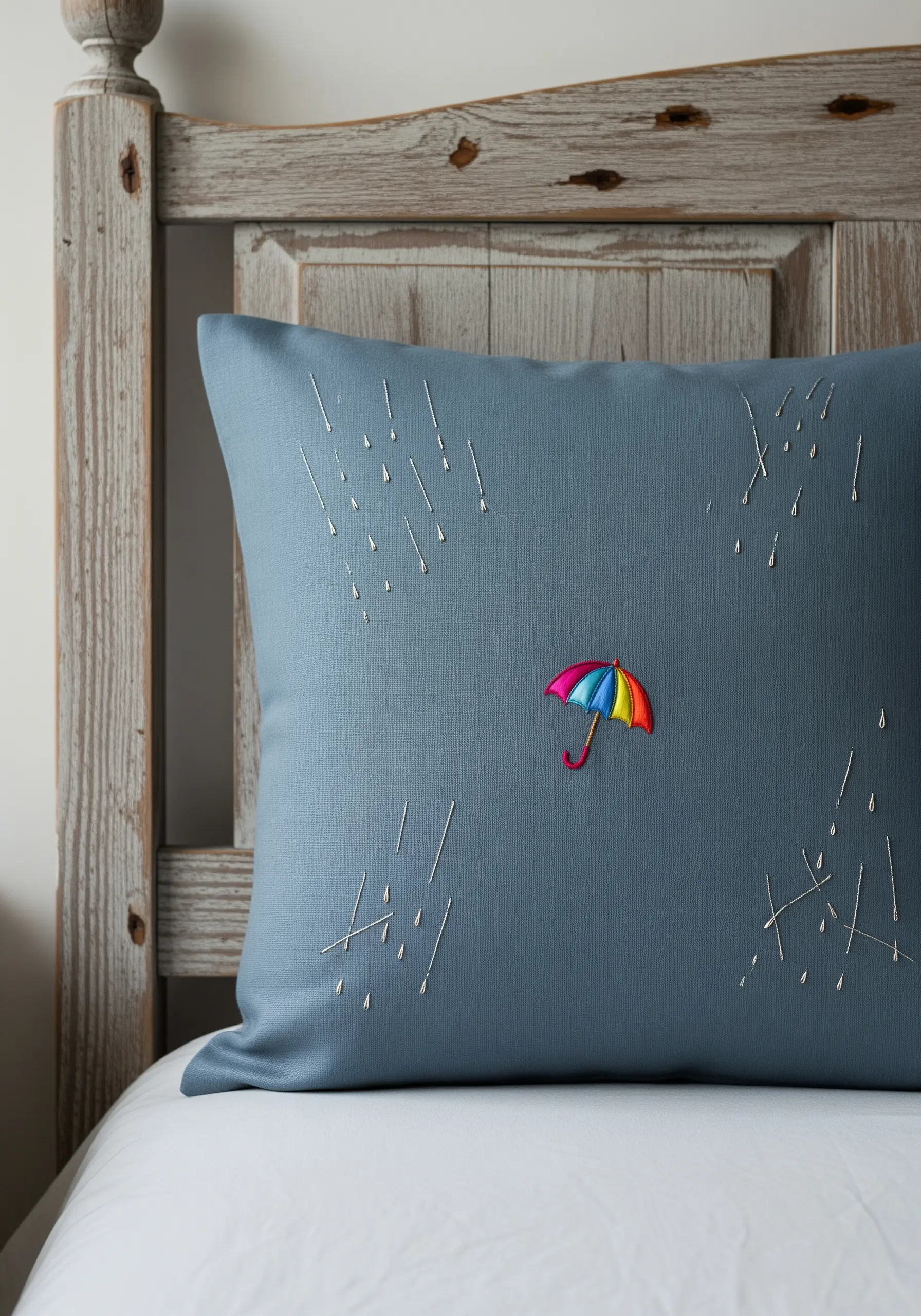 A tiny, colorful embroidered umbrella on a gray pillow with simple raindrops.