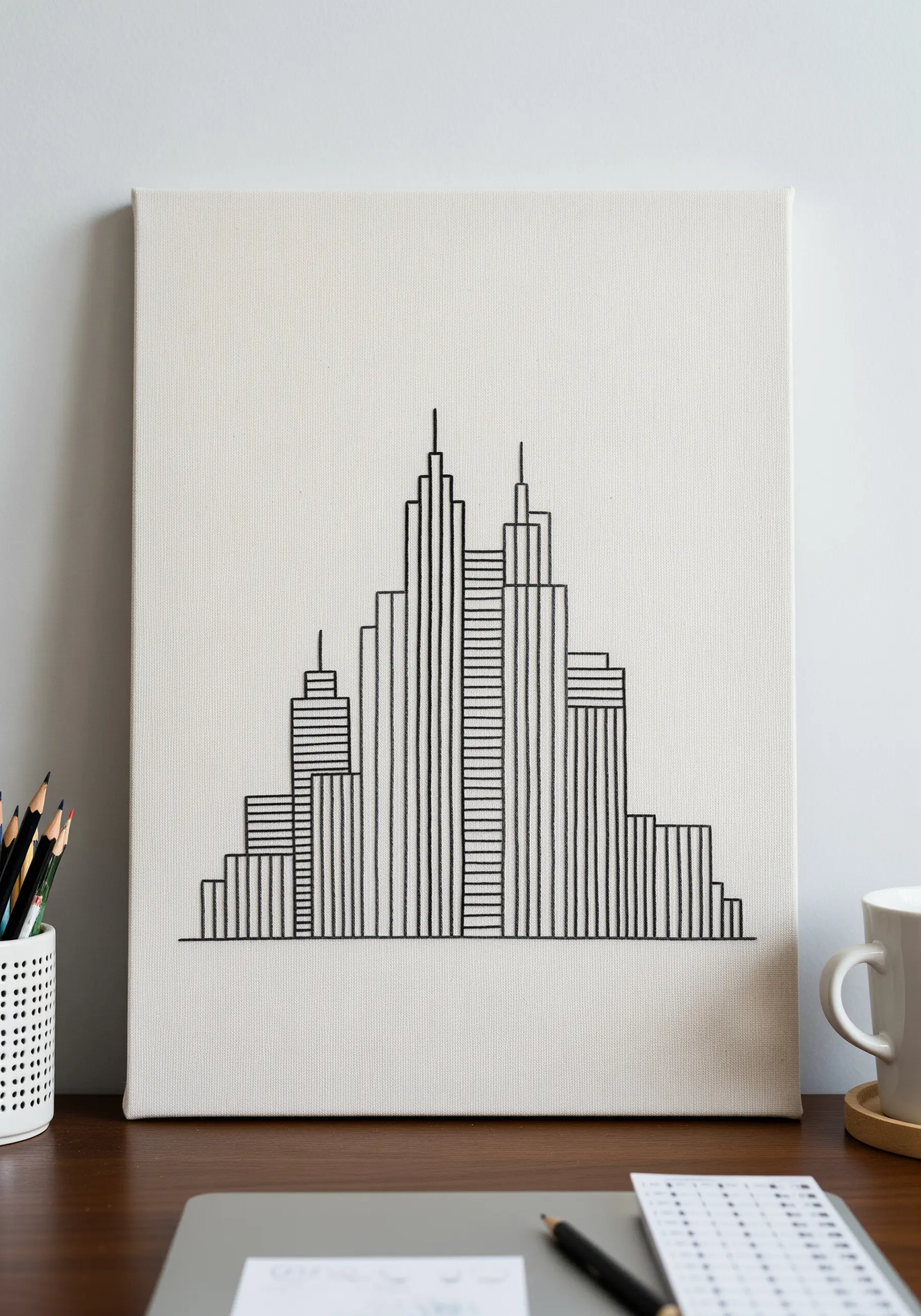 Minimalist black thread cityscape using only straight vertical and horizontal lines.