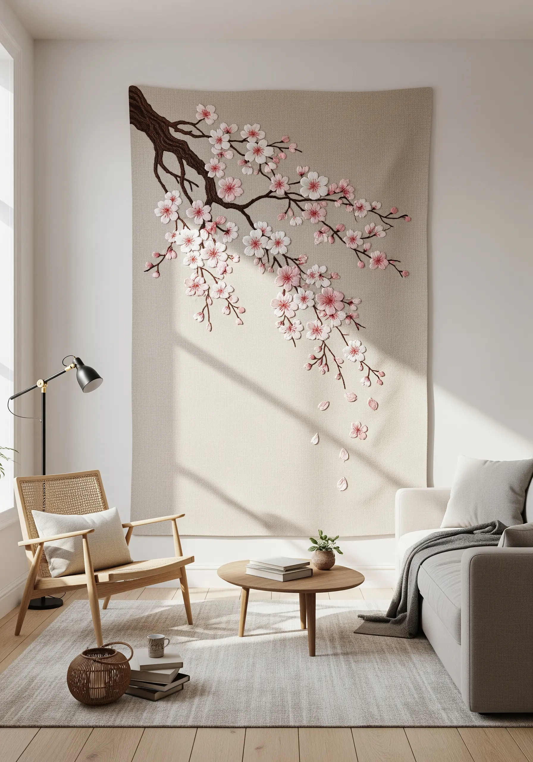 Large-scale embroidered cherry blossom wall tapestry with 3D petals in a living room.