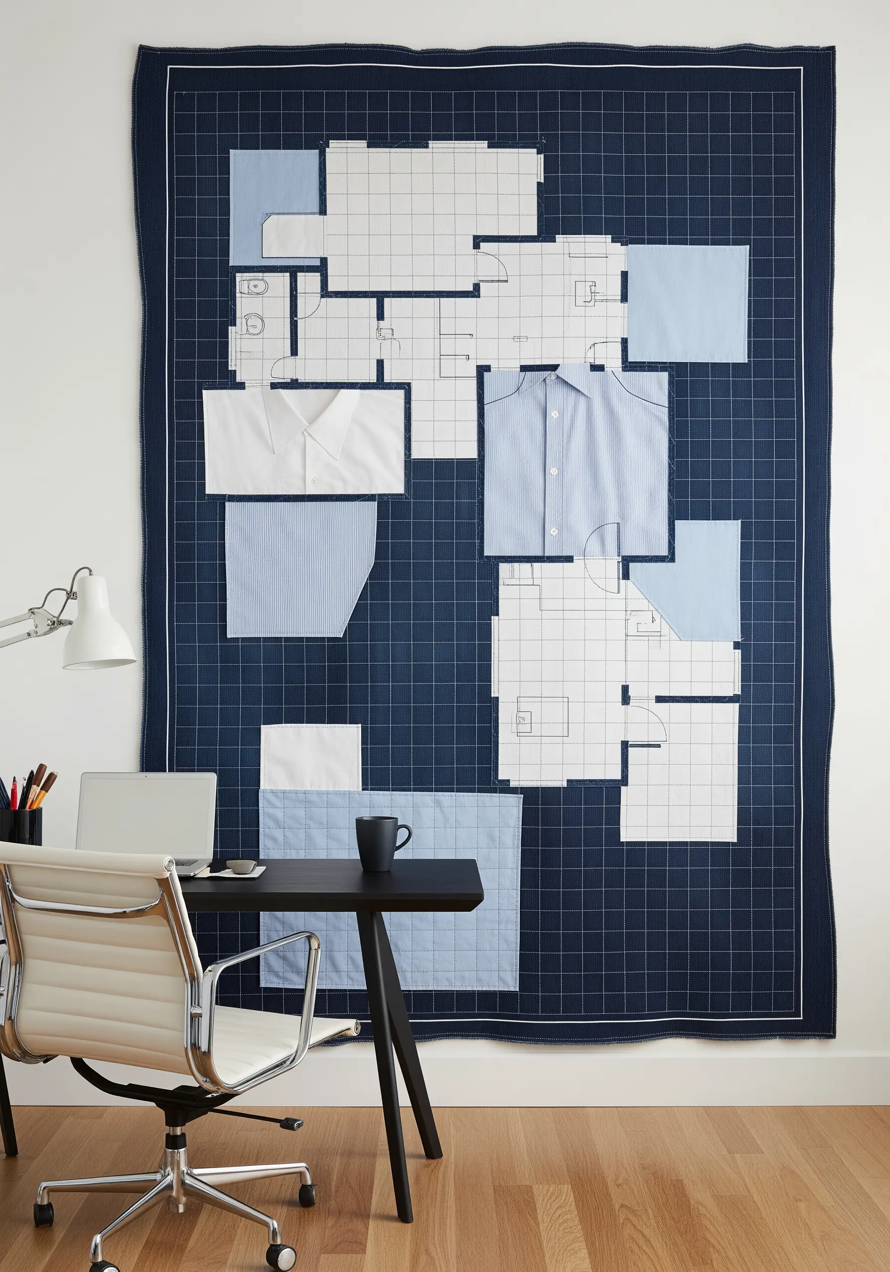 A large wall hanging resembling a blueprint, made with recycled shirt fabric on a navy grid.