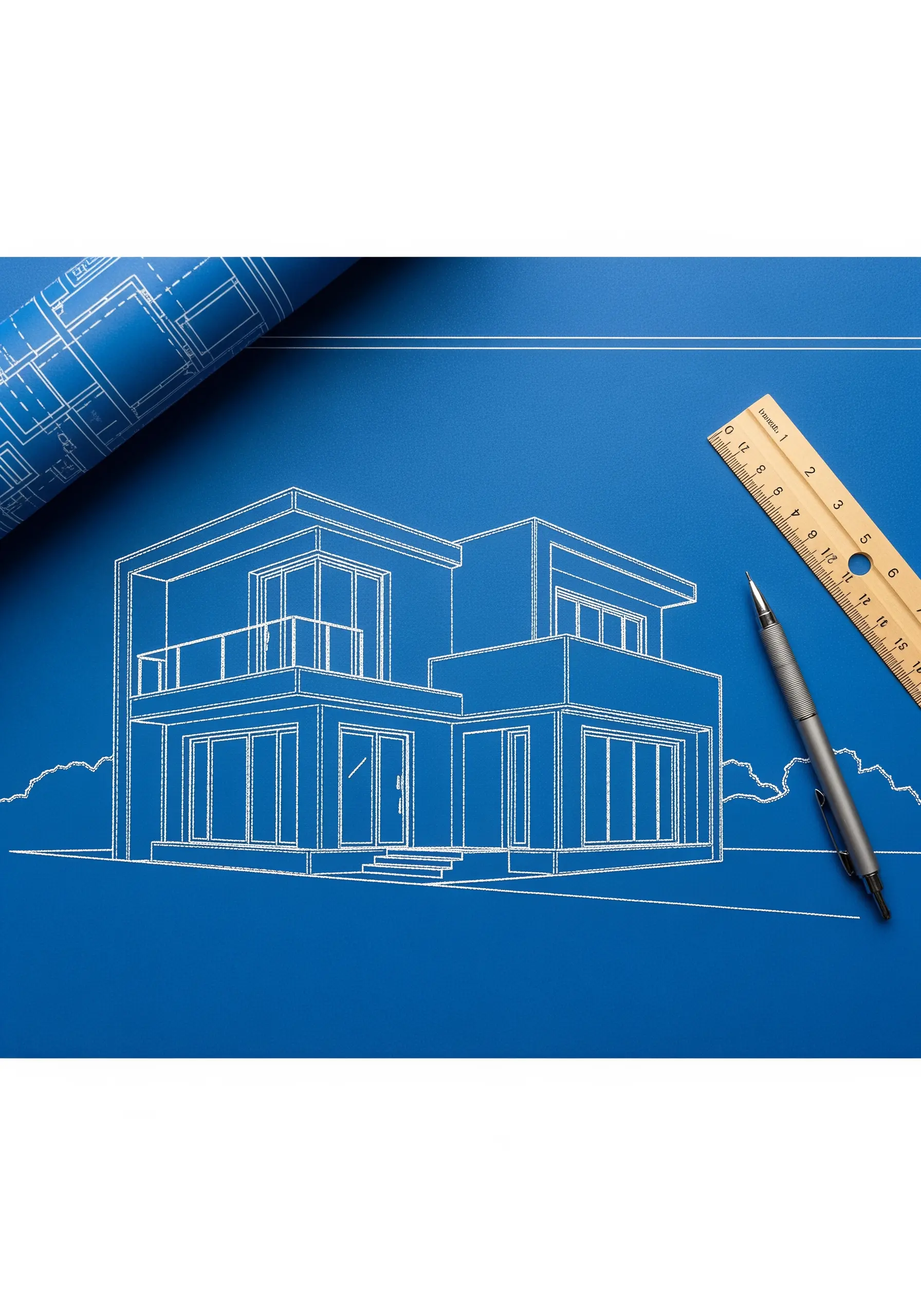 White thread architectural house outline on blue paper