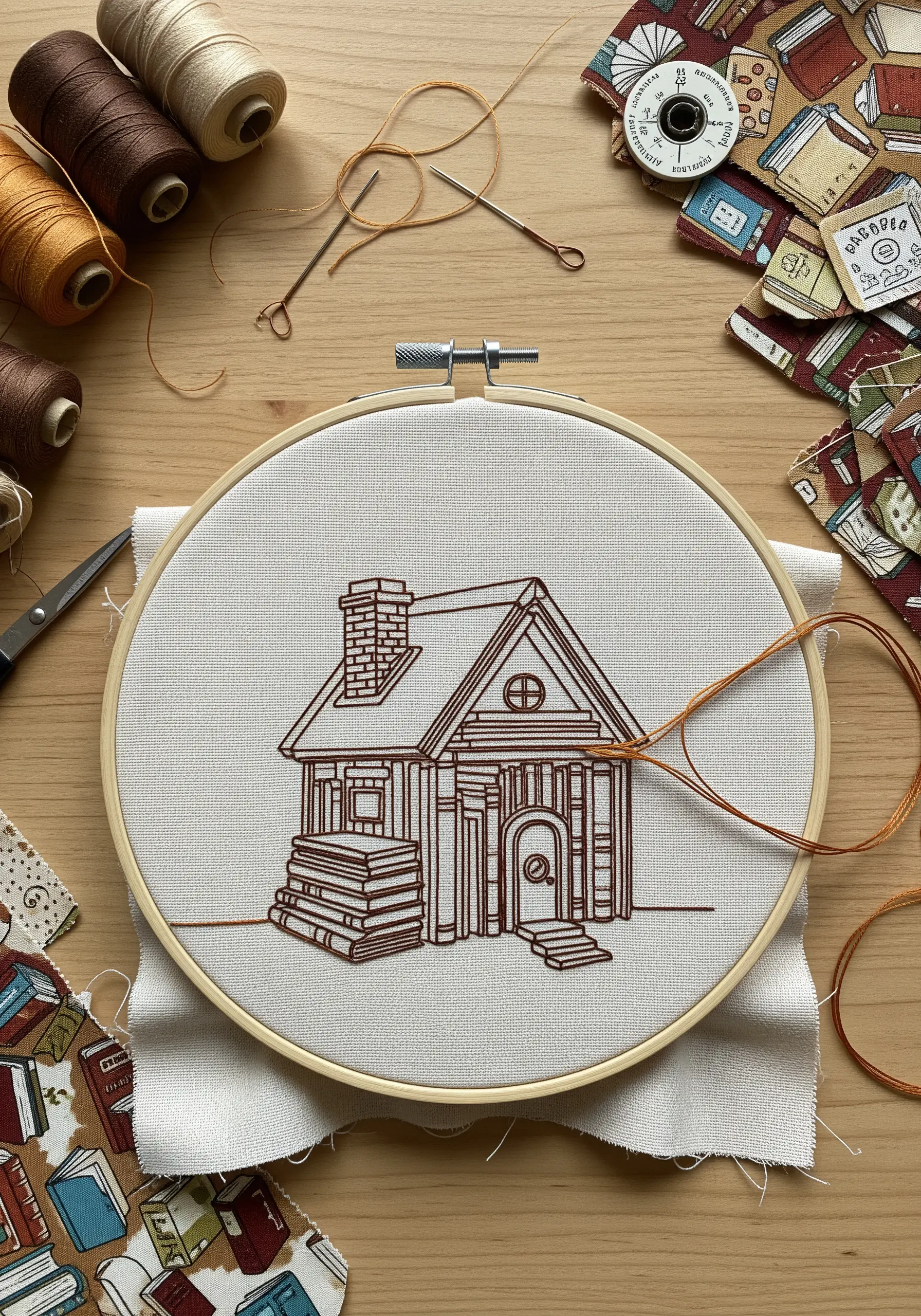Embroidery of a house constructed from books in brown line art