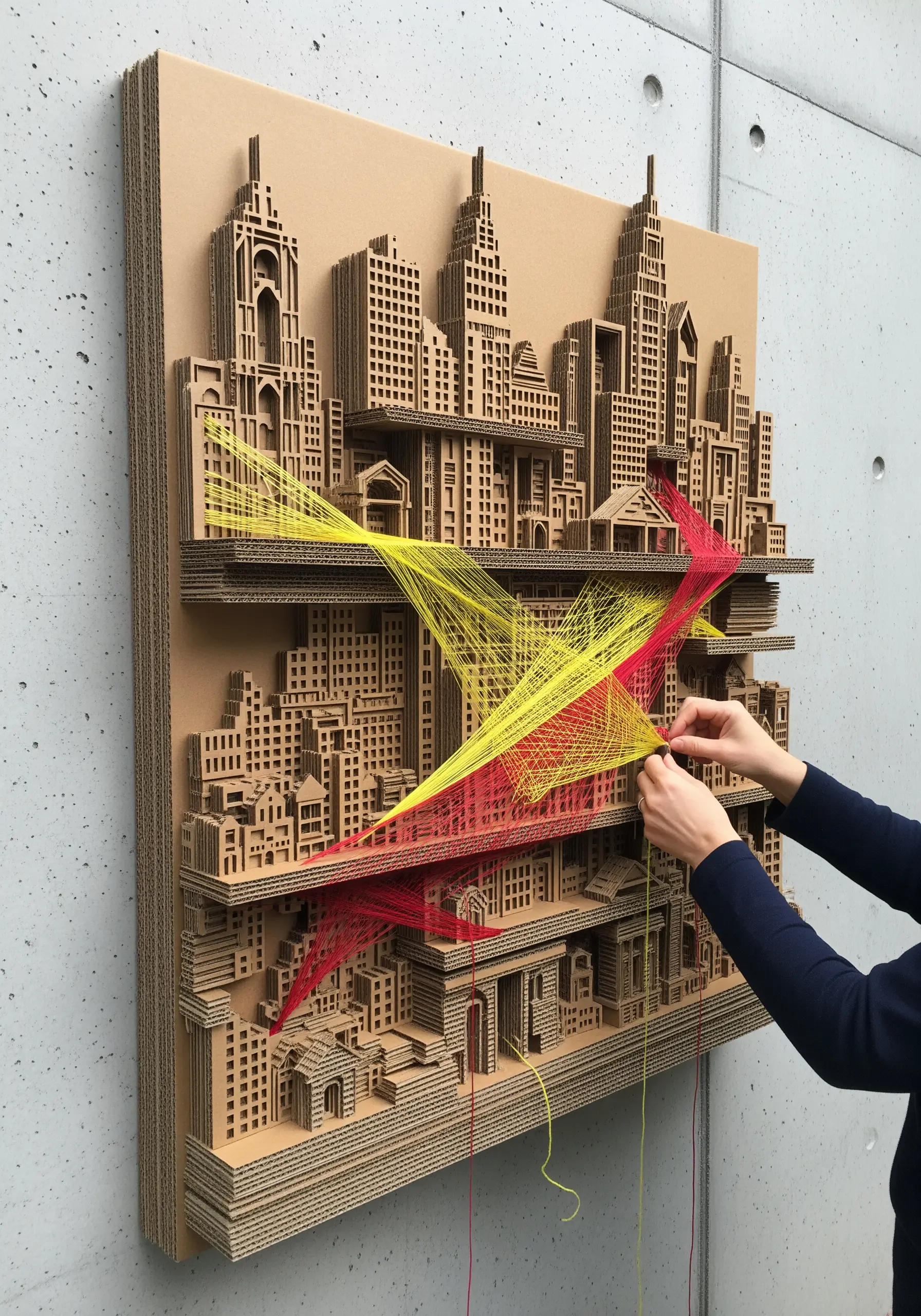 A multi-layered cardboard sculpture of a city with vibrant red and yellow threads stretched between buildings.