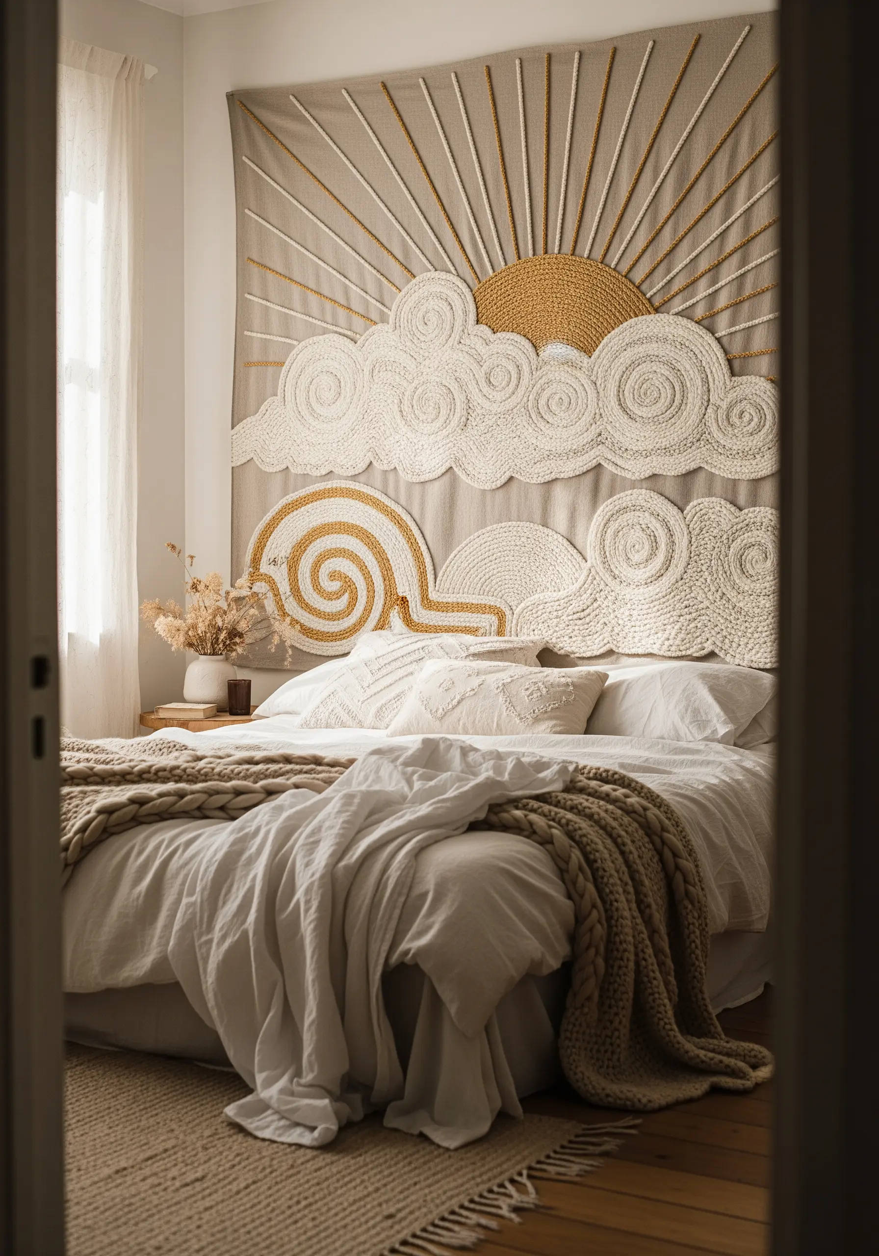 Large-scale textile wall hanging with couched rope sun and clouds above a bed.
