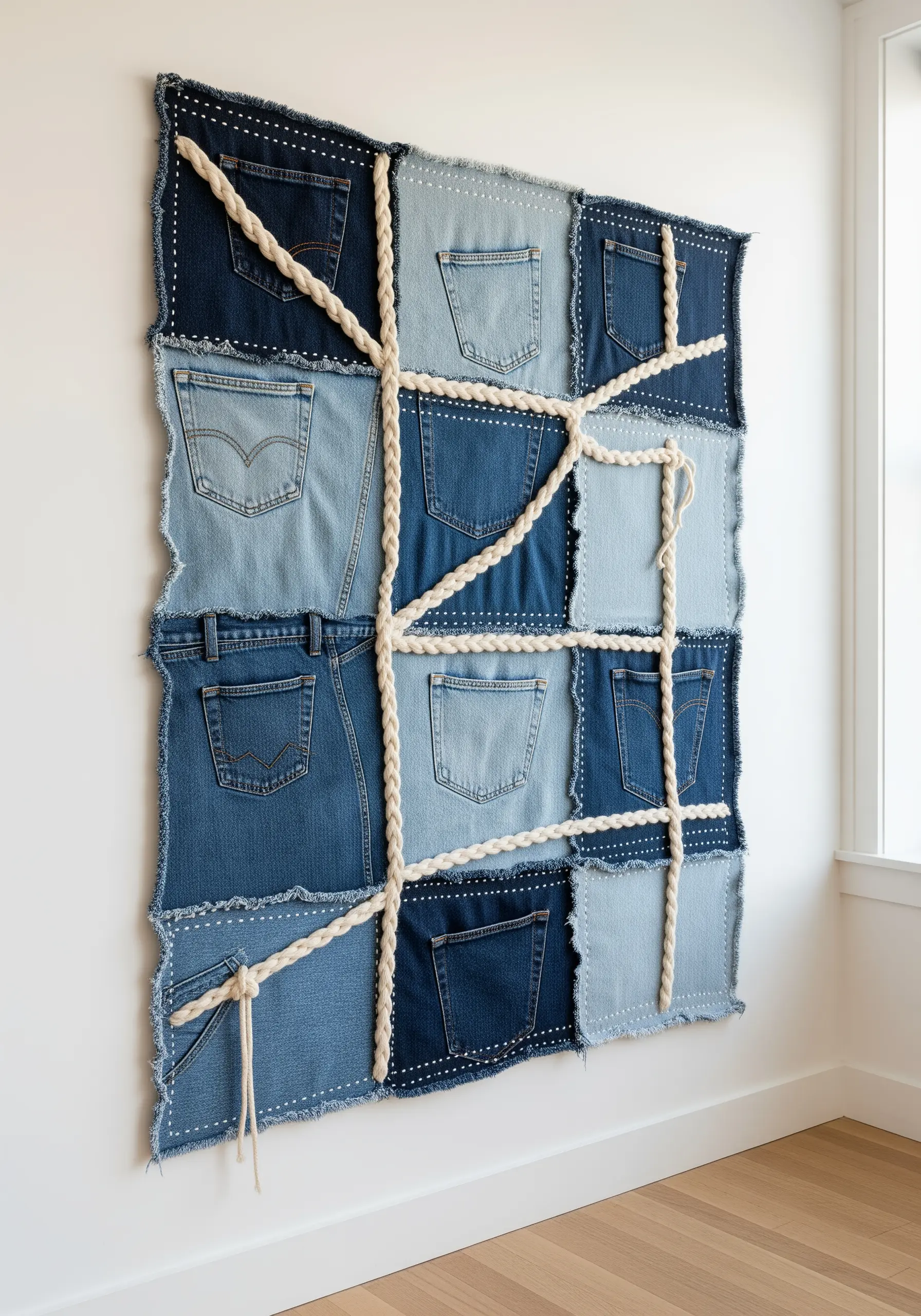 A large wall hanging made of patched denim jean pockets with thick, braided rope stitched on top.
