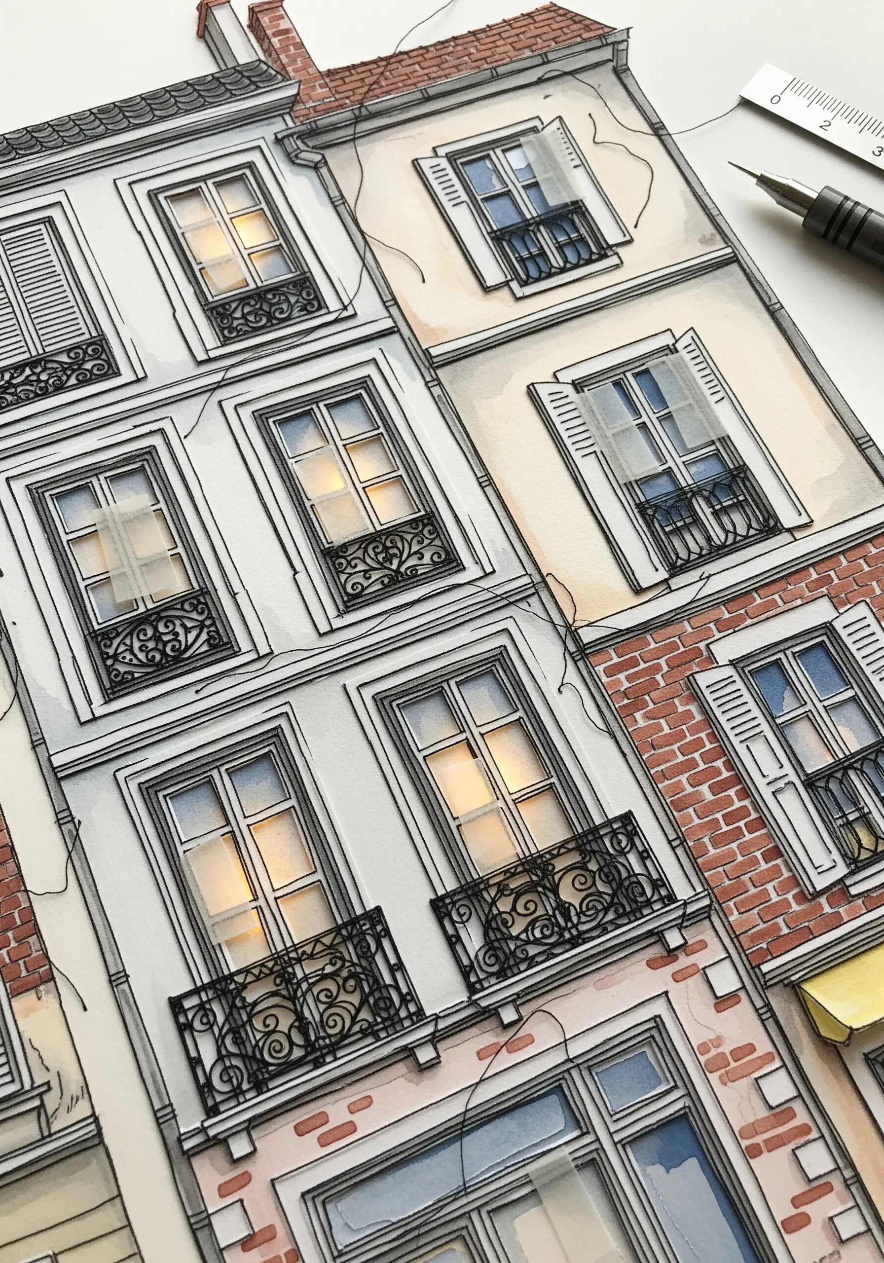 An illustration of building facades with tiny lights in the windows, inspiring e-textile embroidery.