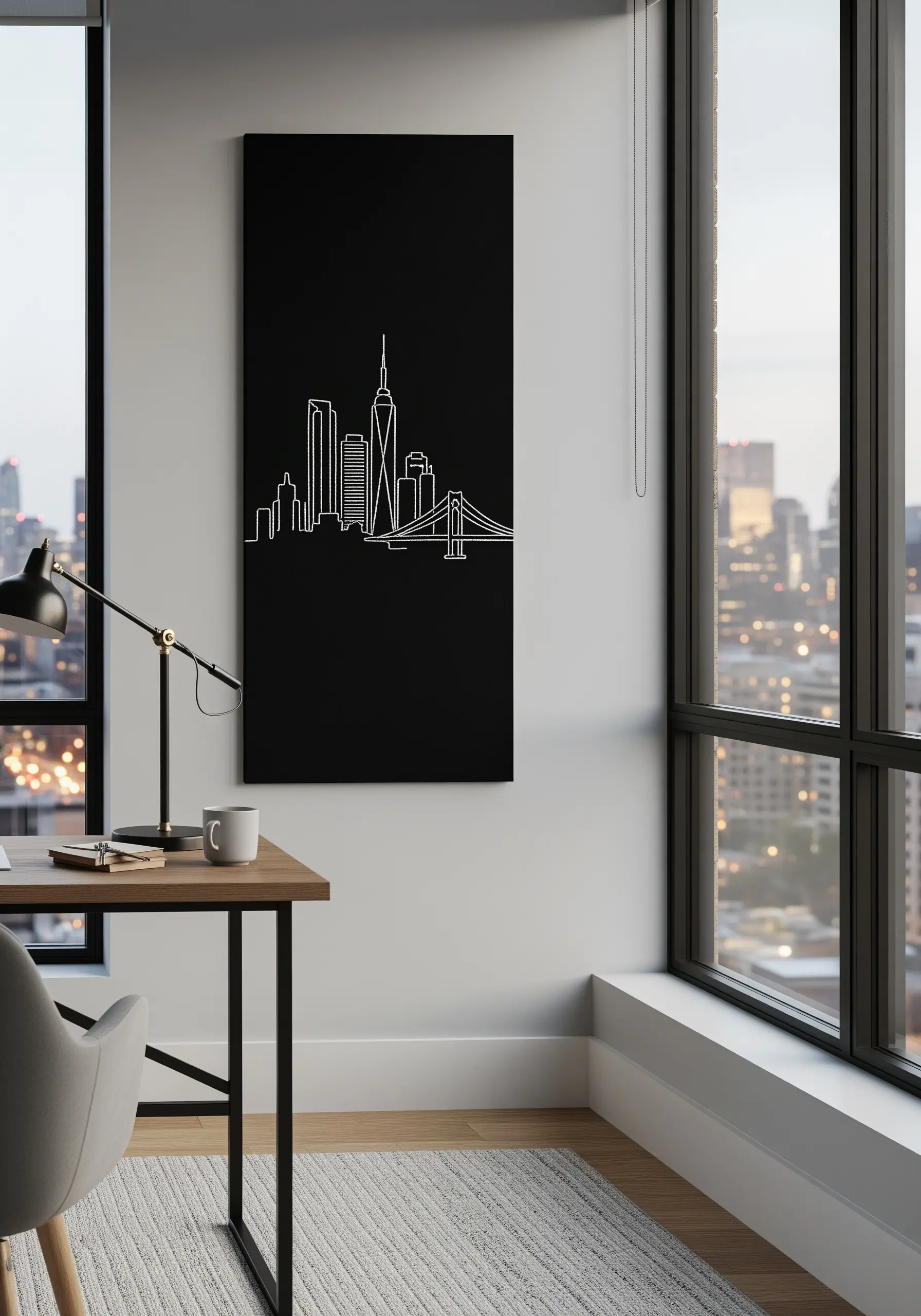 A white-thread outline of the New York City skyline on a vertical black canvas.