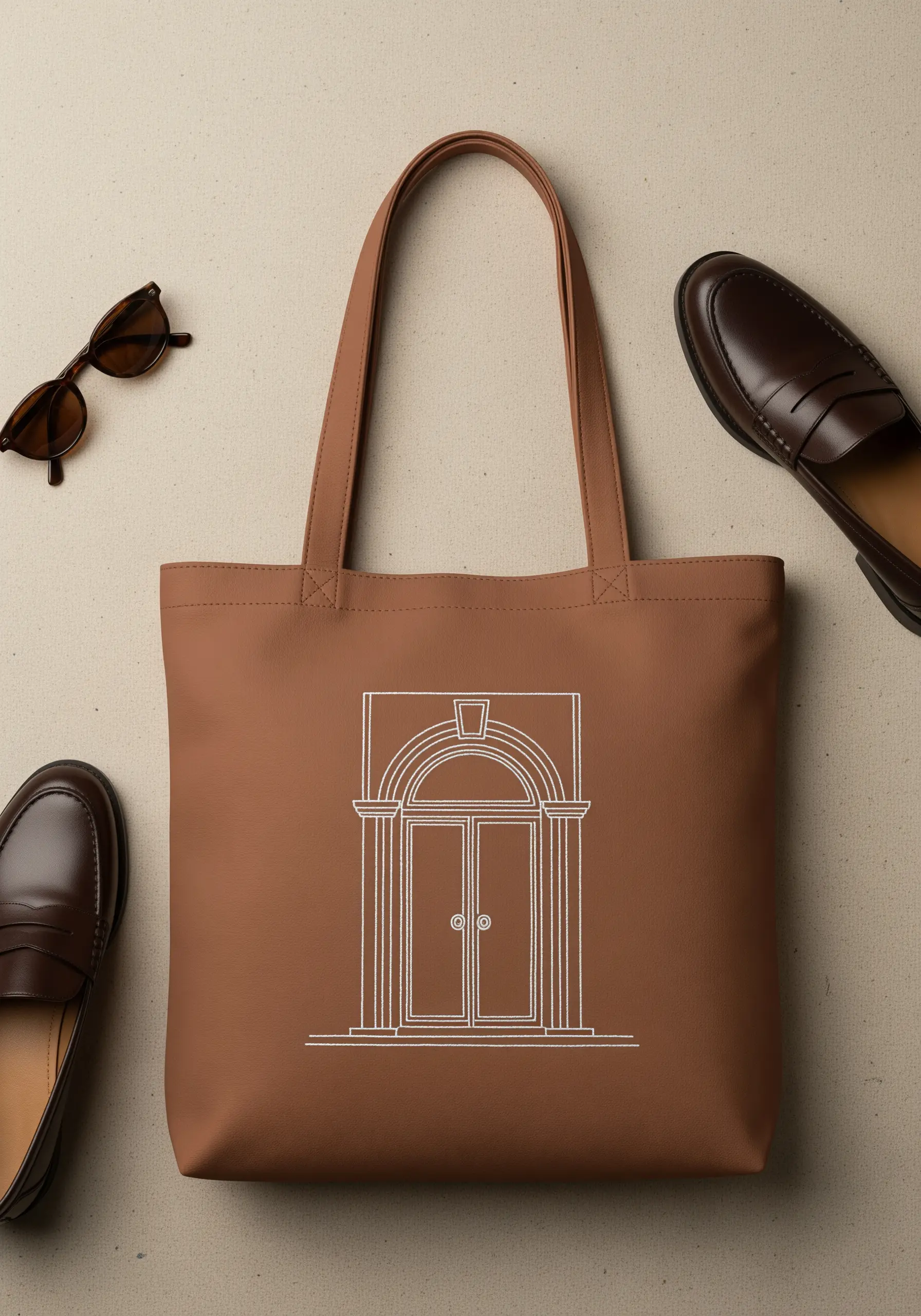 A white line art embroidery of an arched doorway on a terracotta-colored tote bag.
