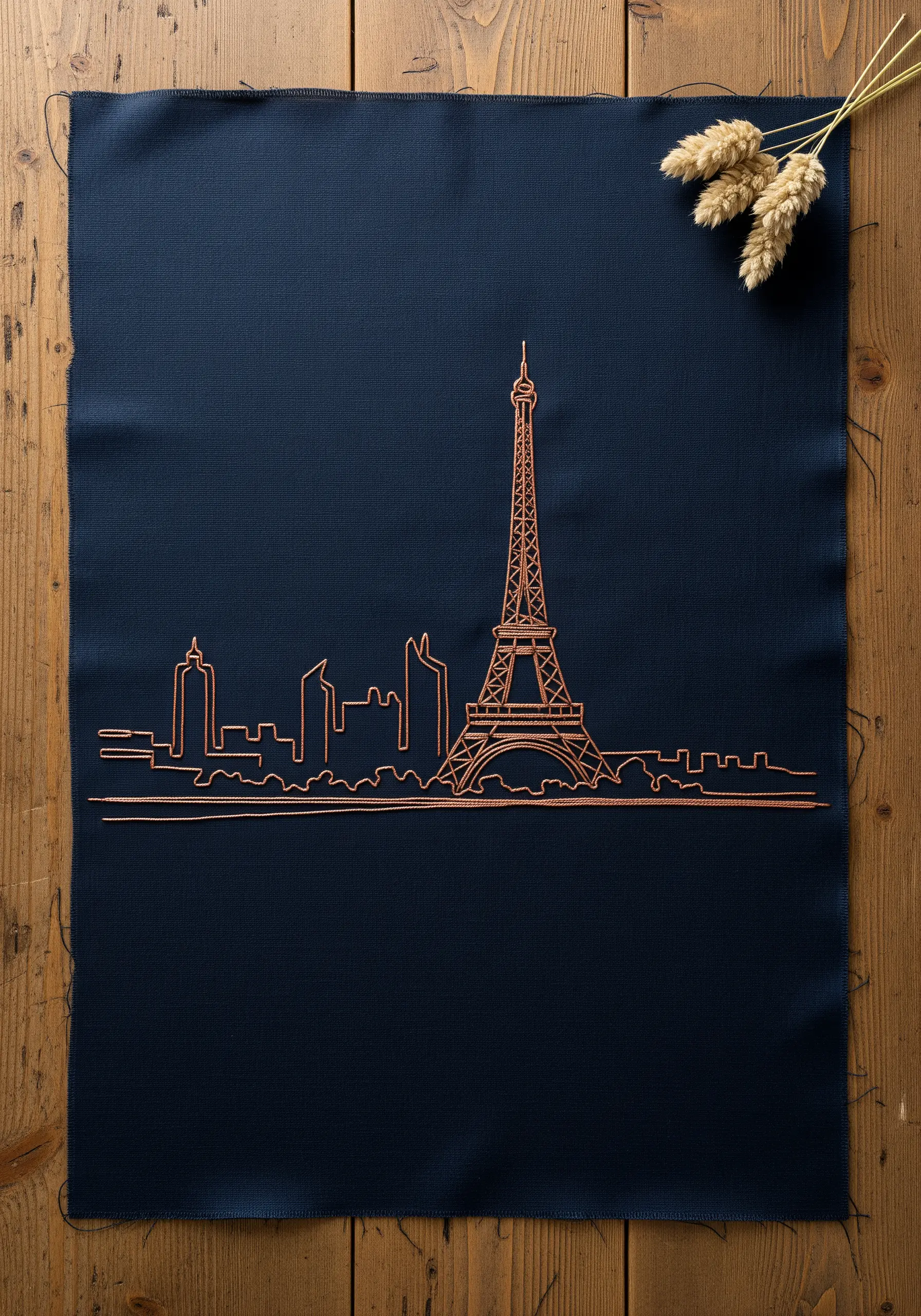 Paris skyline with Eiffel Tower embroidered in copper thread on dark navy fabric.