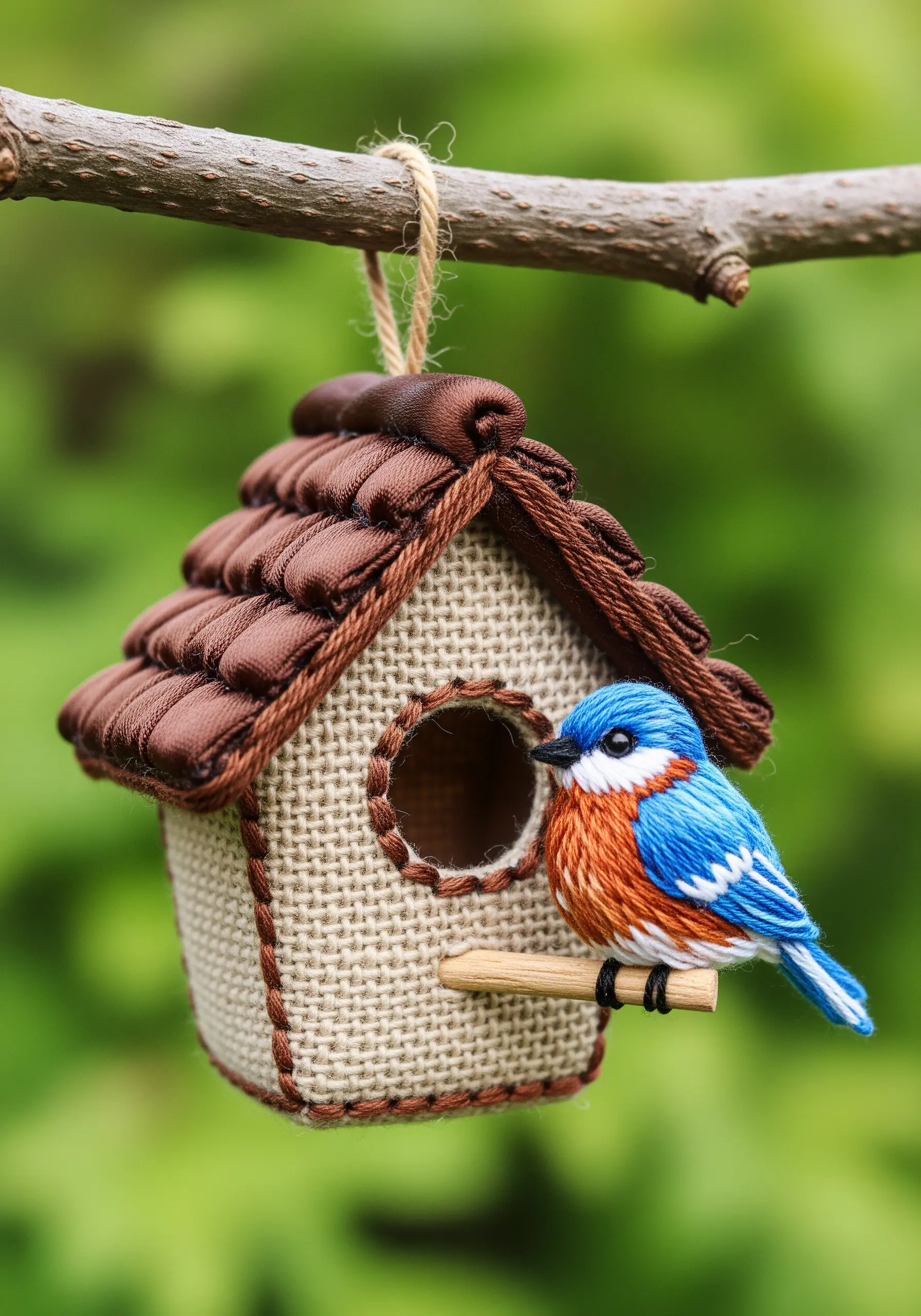 A miniature 3D birdhouse ornament made from burlap with a ribbon roof and an embroidered bird.