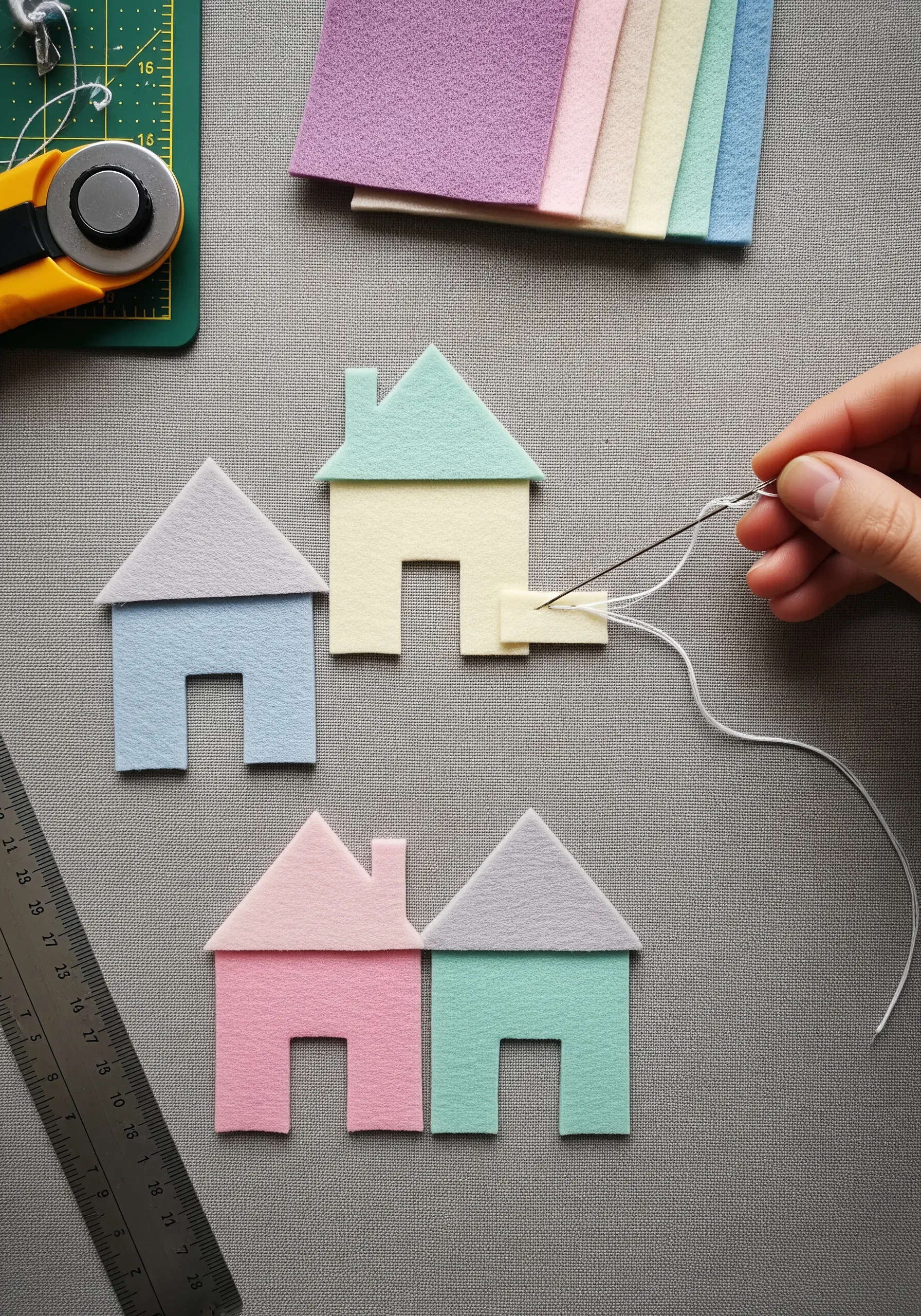 Hand-stitching small, pastel-colored felt houses together for a garland.