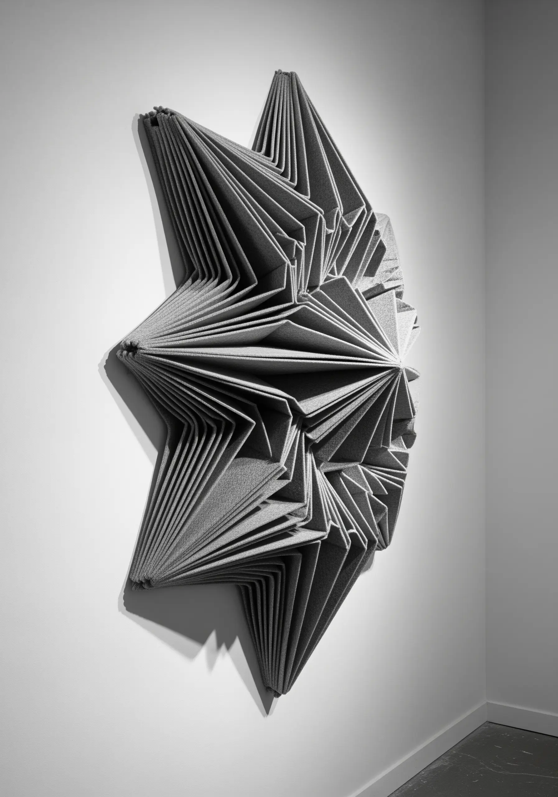 A complex, geometric wall sculpture made of folded grey industrial felt.