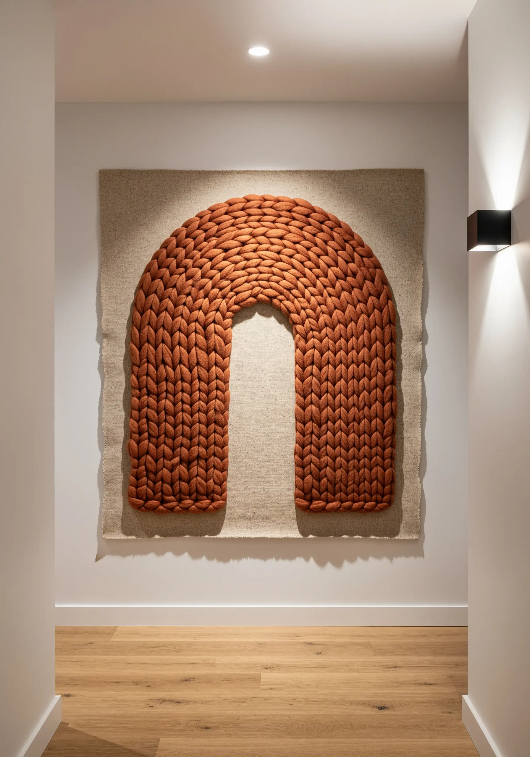 Giant terracotta-colored knitted arch mounted on a large neutral canvas.