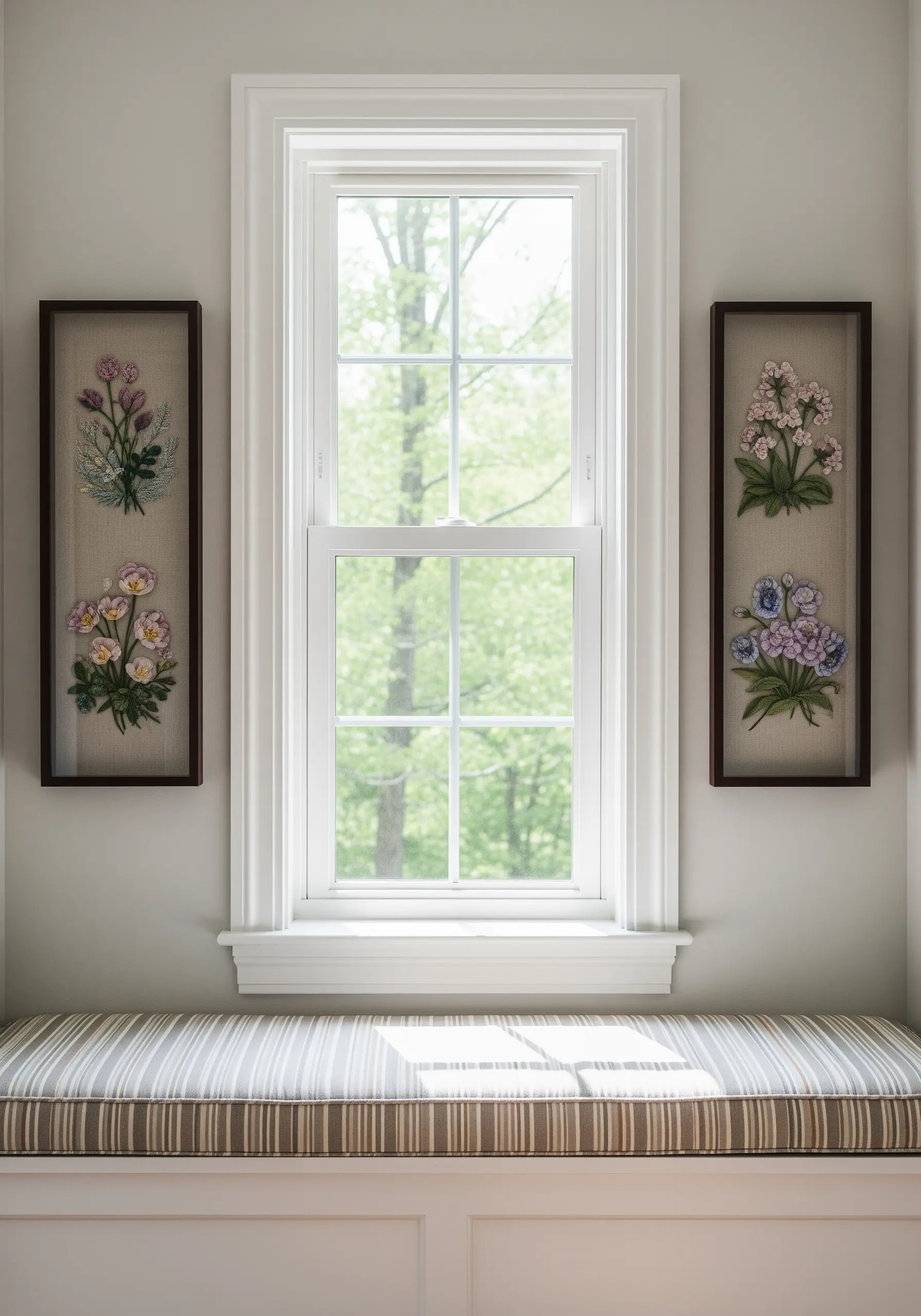 Two tall vertical floral embroidery panels flanking a bedroom window