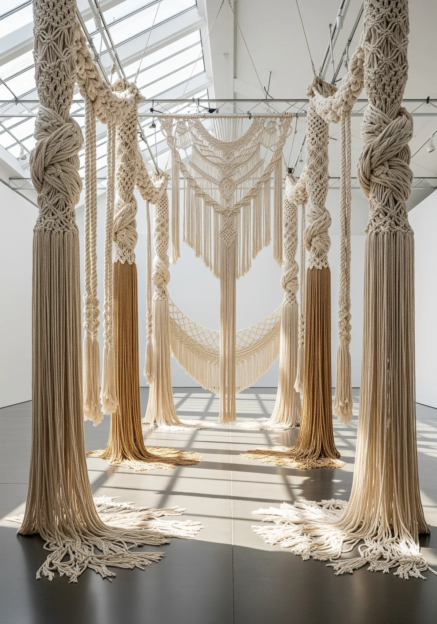 Large-scale macrame installation with giant knots and tassels in a white gallery space.