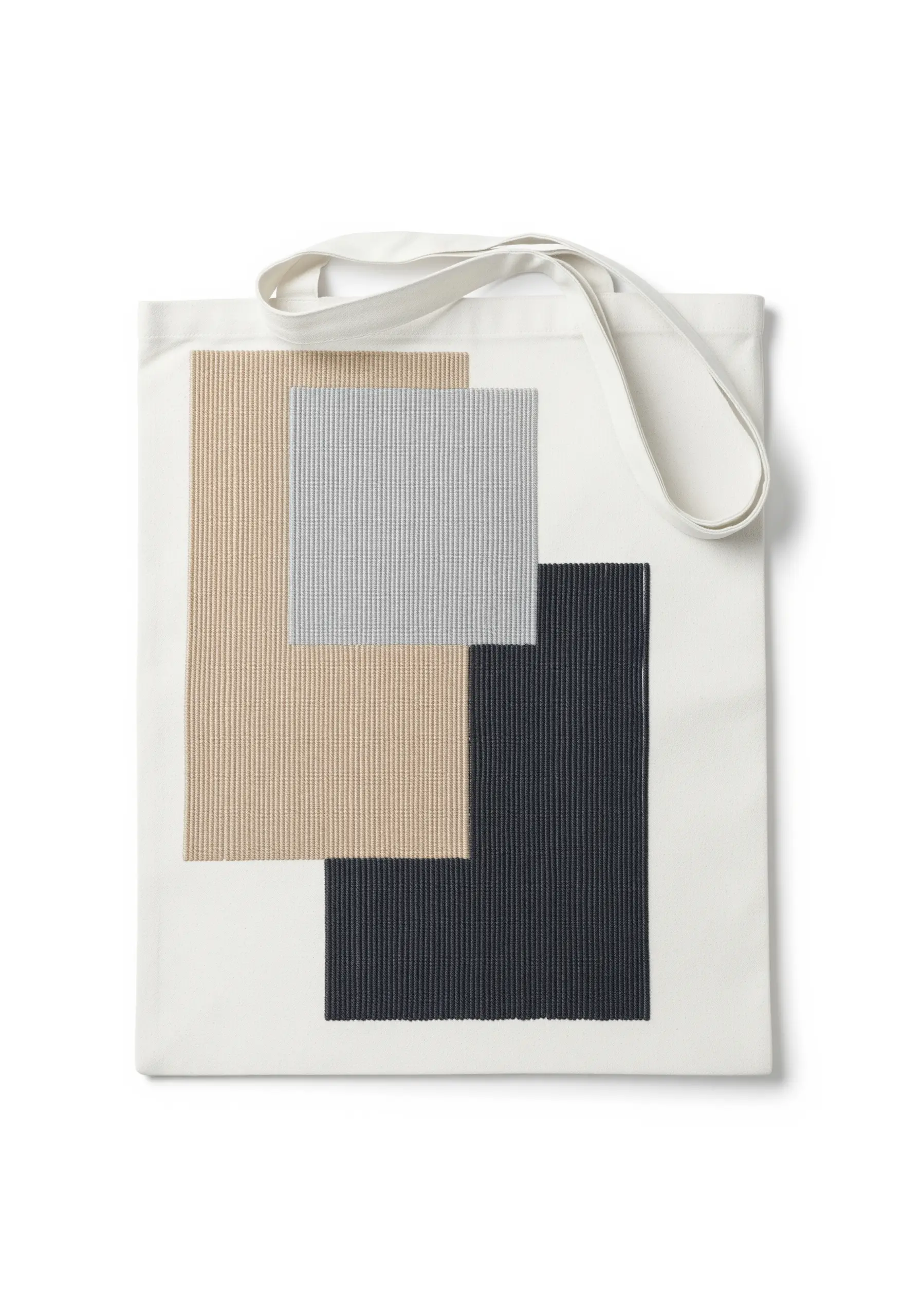 Three overlapping rectangles embroidered with vertical satin stitch in beige, gray, and black.