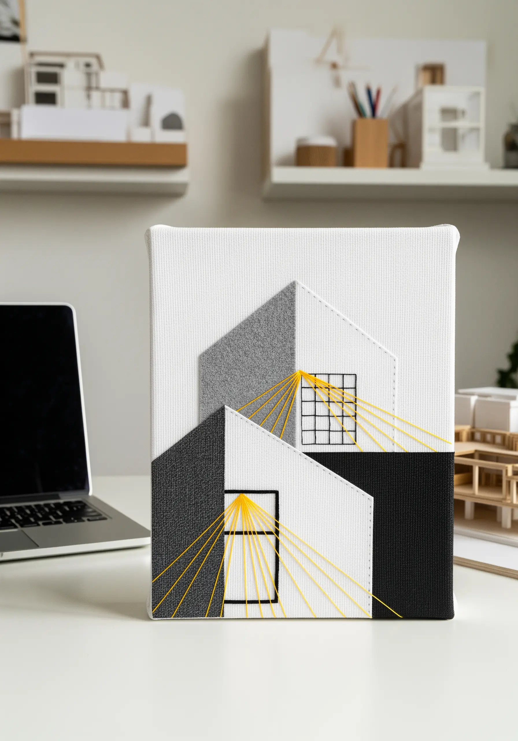 An architectural collage with yellow threads creating light beams shining from windows.