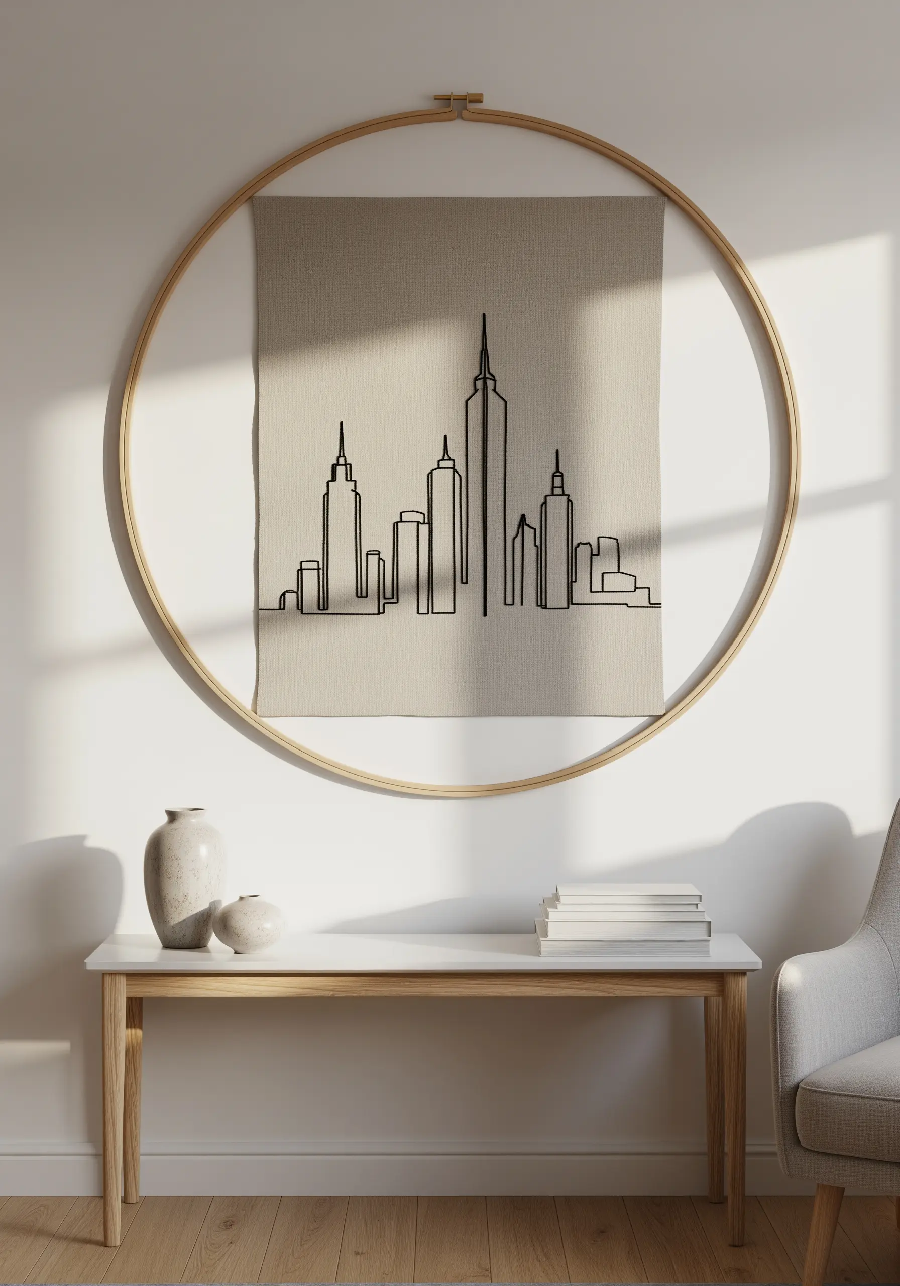 Minimalist city skyline embroidered in black on a fabric banner inside a large hoop.