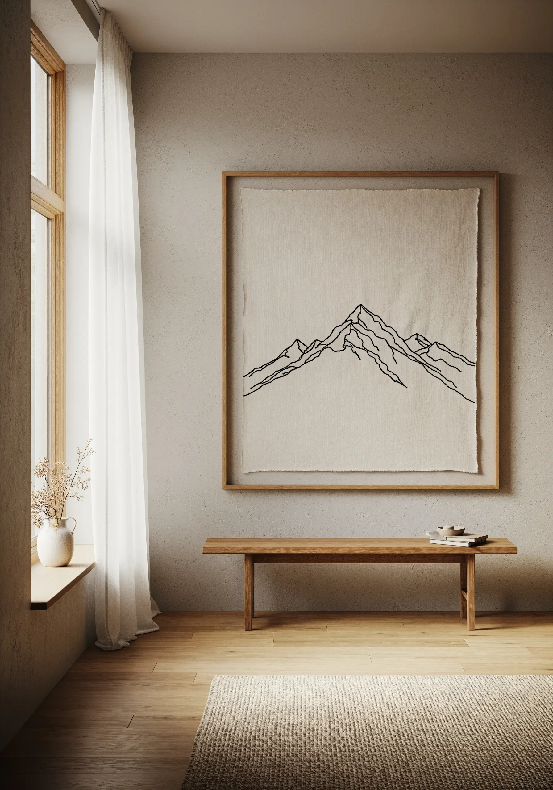 Minimalist black thread line art of a mountain range on a large, framed piece of natural canvas.