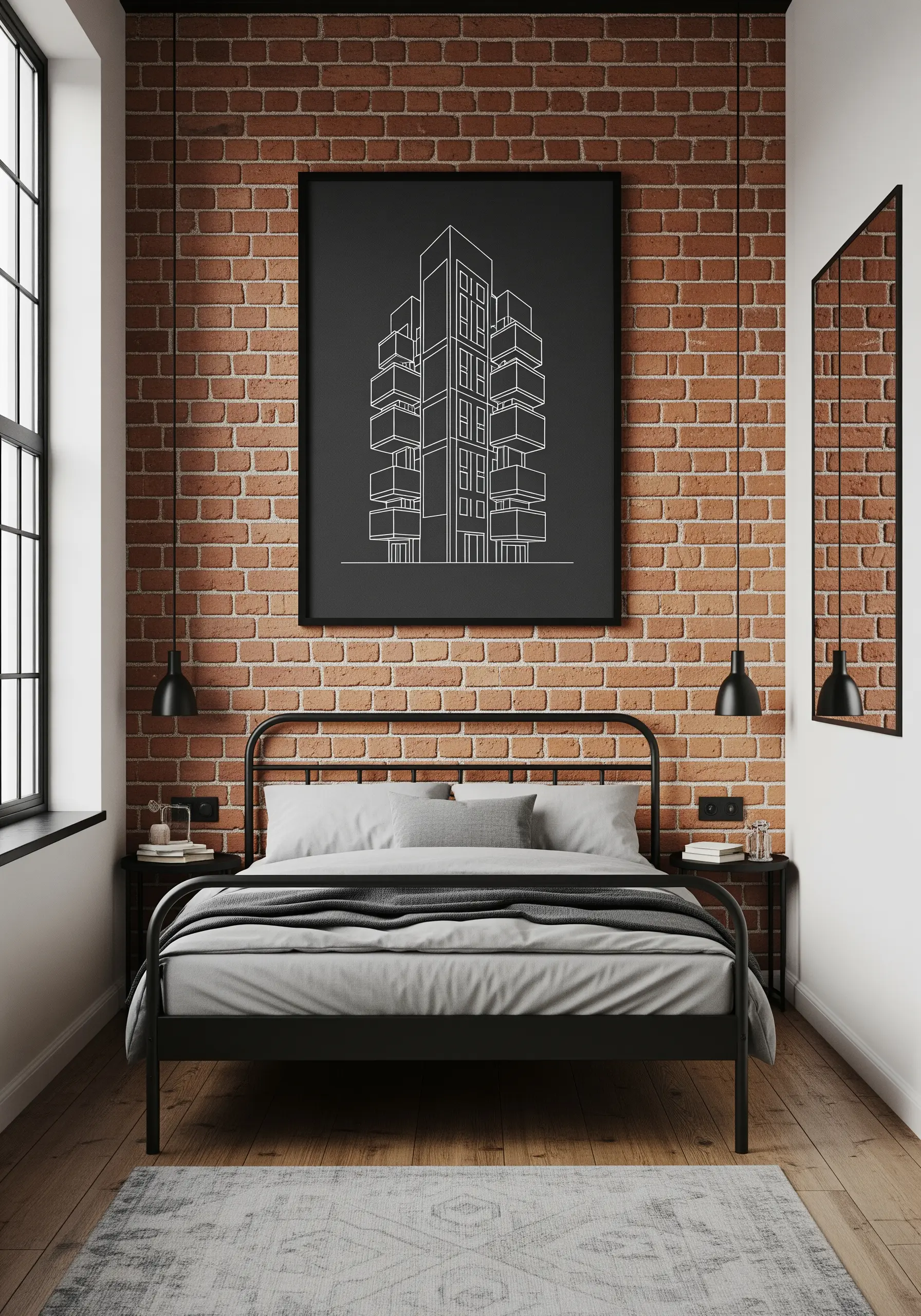 Framed architectural line art of a building, stitched in white on a black background.