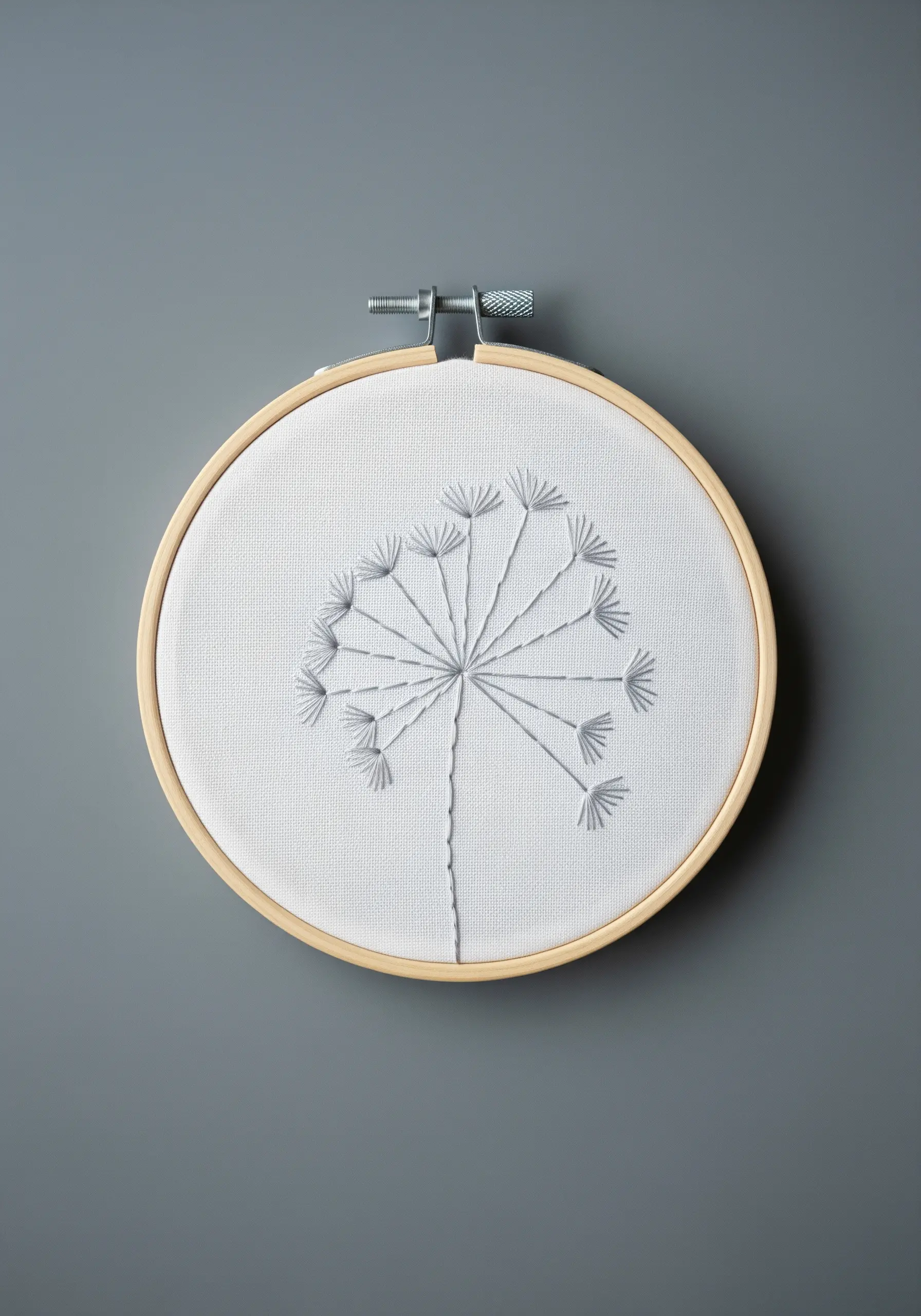 A stylized dandelion seed head embroidered with grey thread on white fabric.