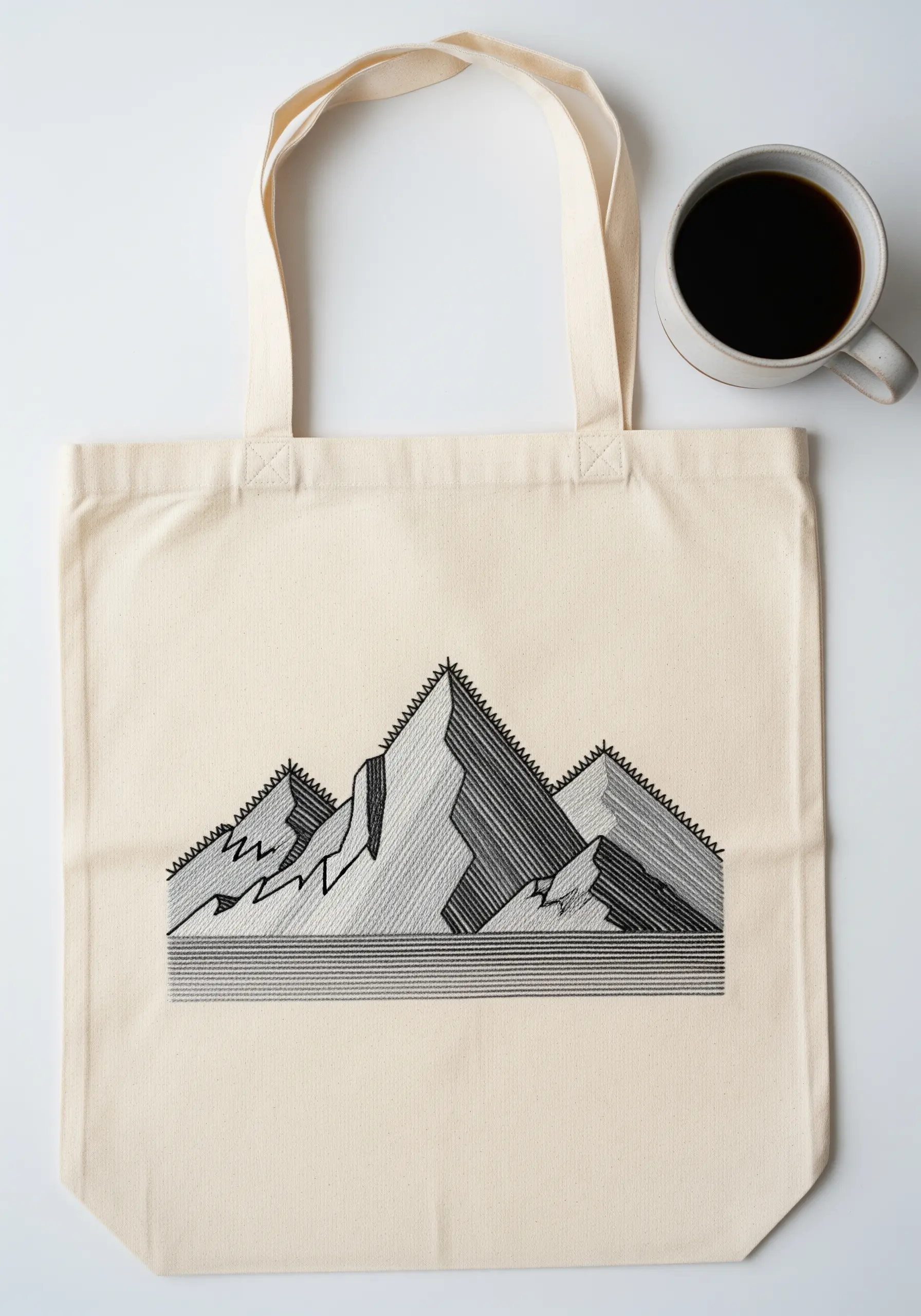 Minimalist mountain range embroidered with black and gray graphic lines.