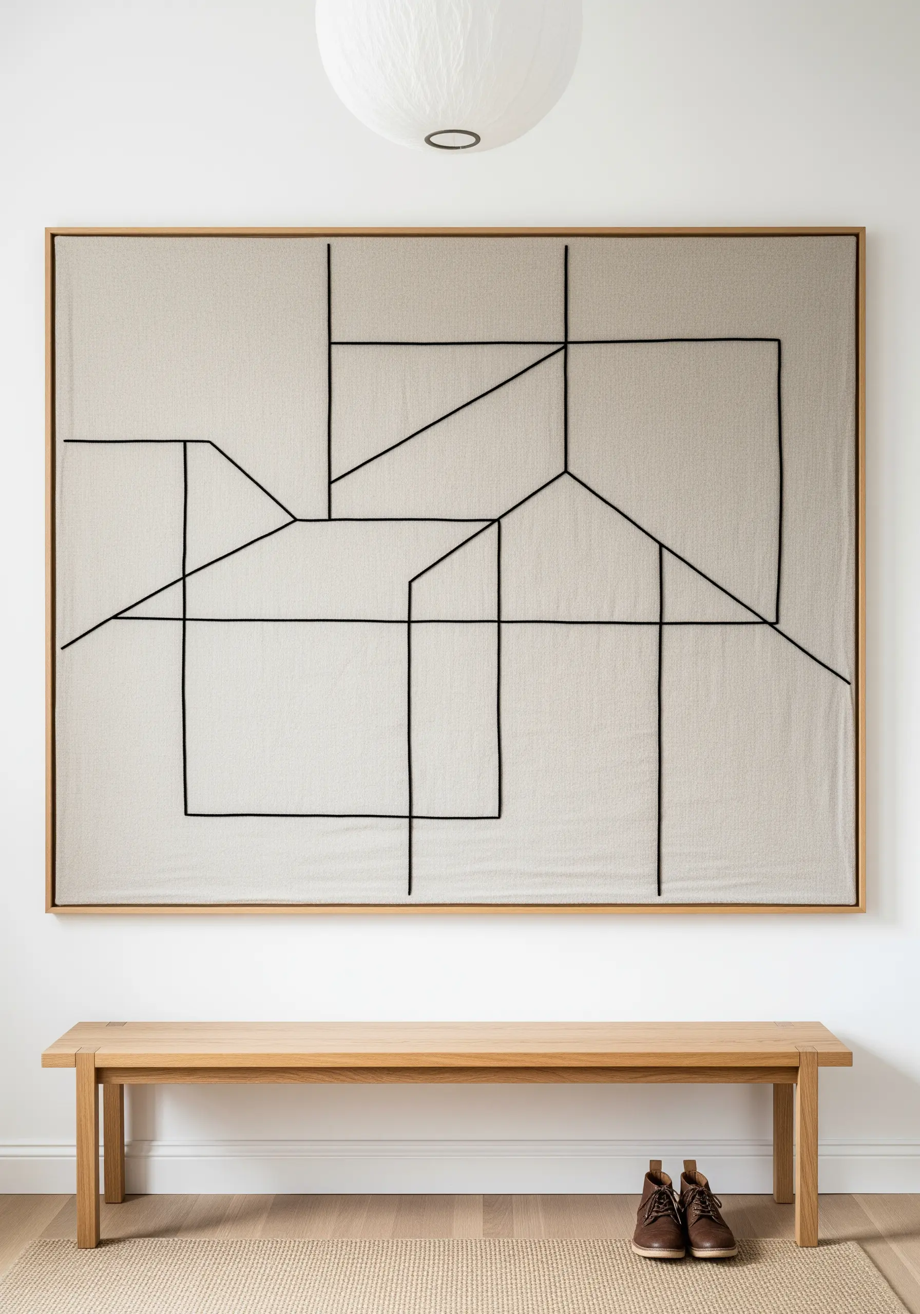 Large-scale black yarn couched onto neutral linen fabric in a geometric pattern.