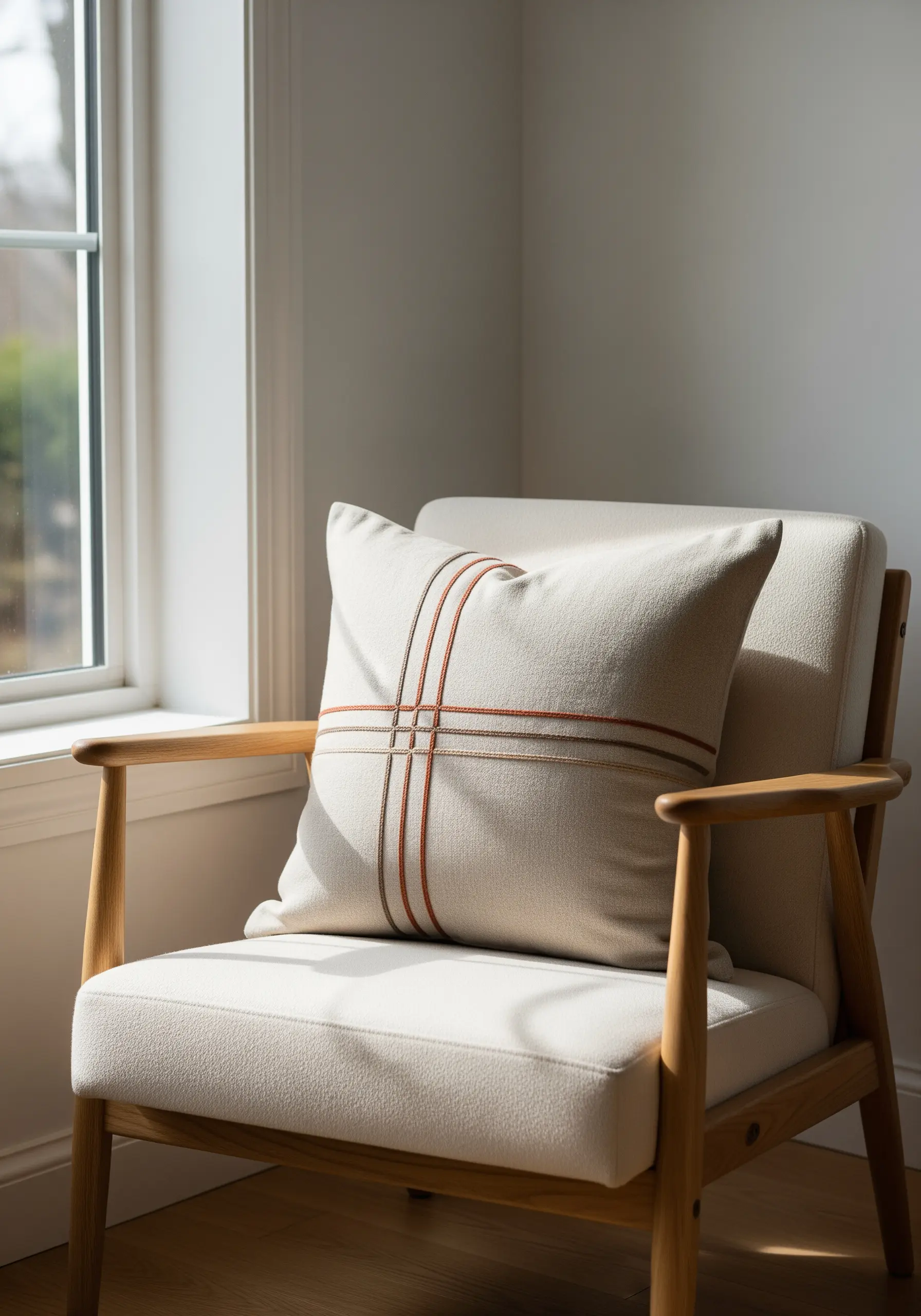 Minimalist intersecting lines in earthy tones stitched on a neutral cushion.