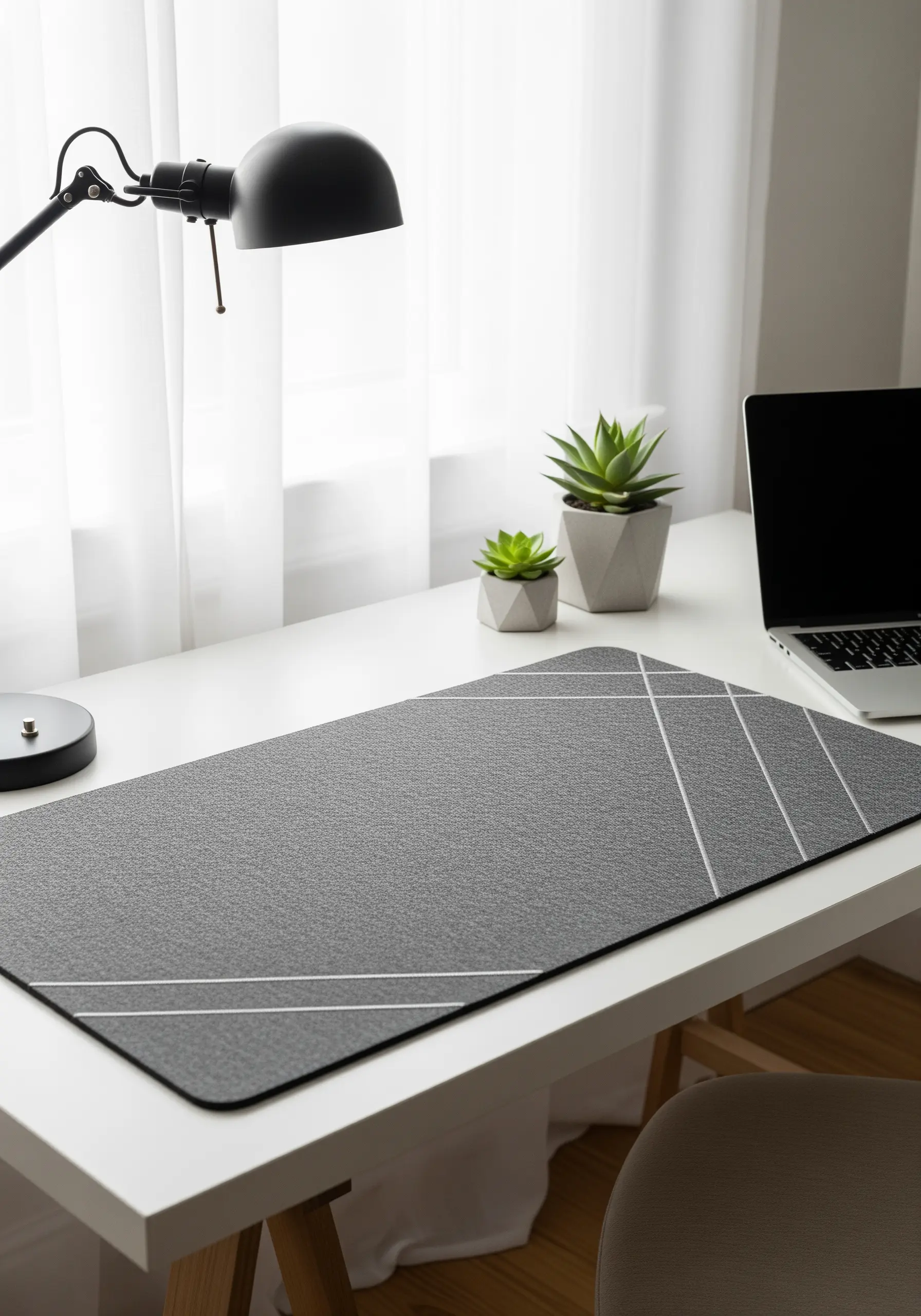 Close-up of white couched lines creating a geometric pattern on a grey desk mat.