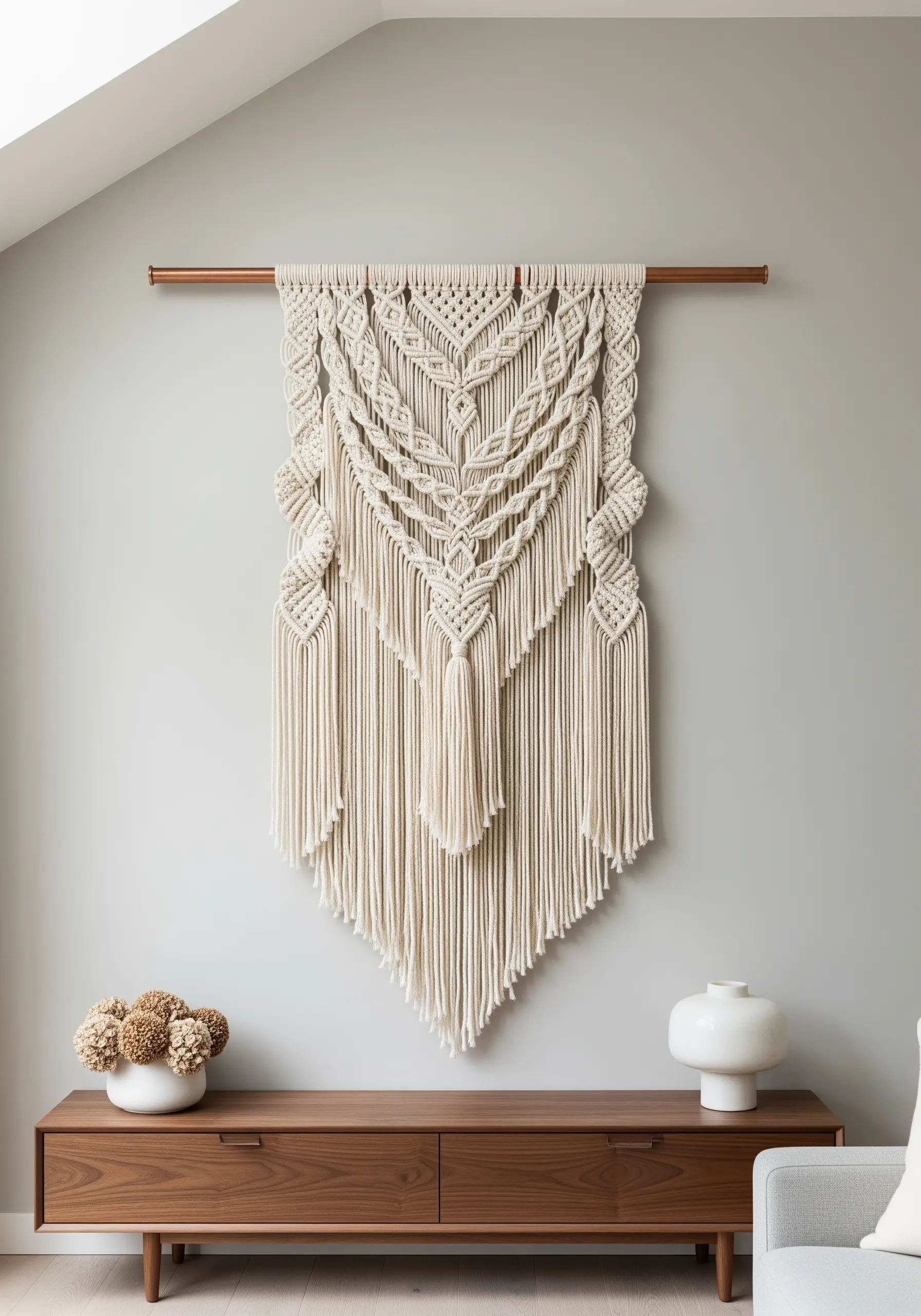 An intricate, large-scale macramé wall hanging in a neutral cream color, mounted on a copper rod.