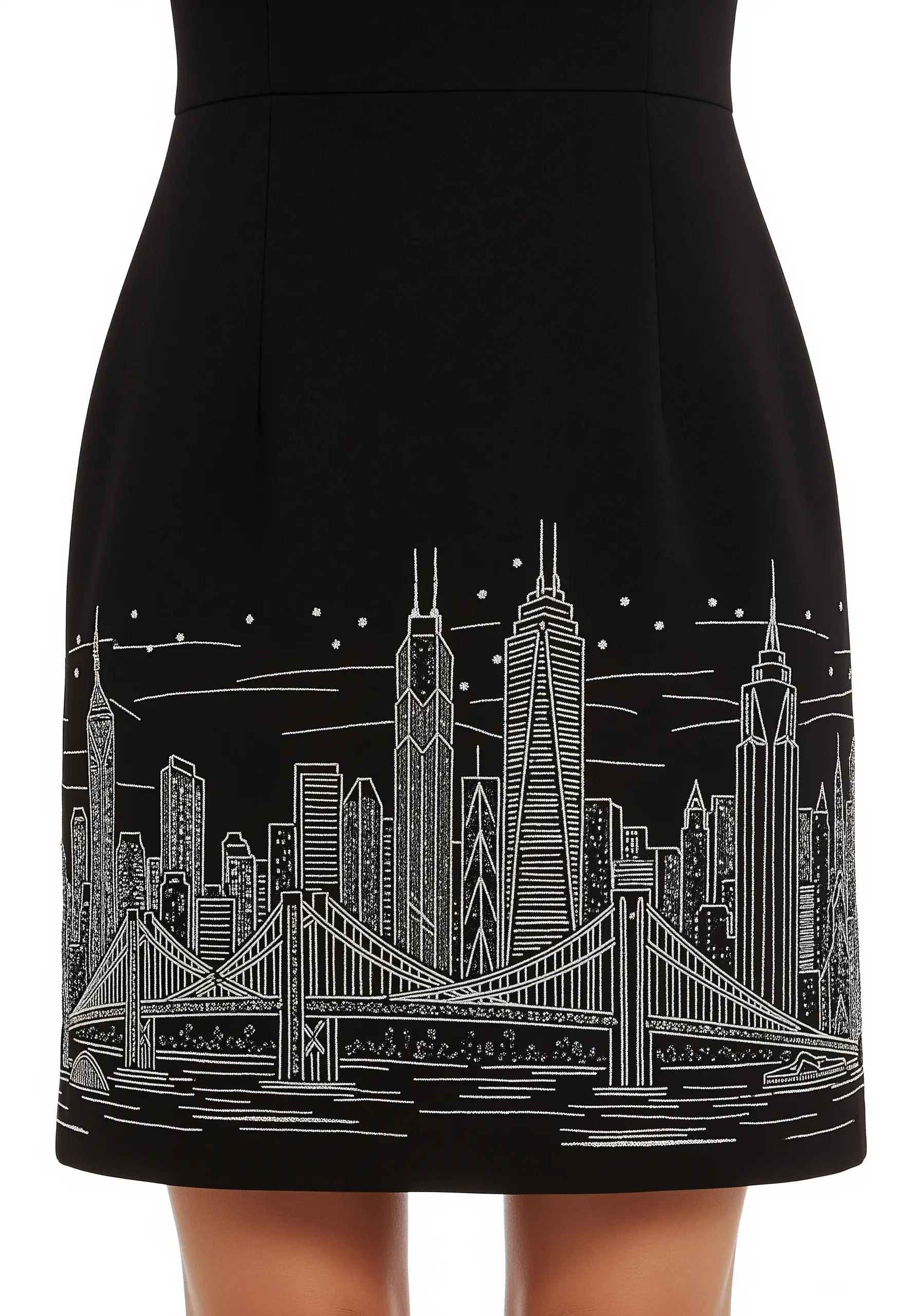 A city skyline outlined in silver glitter thread along the hem of a black skirt.