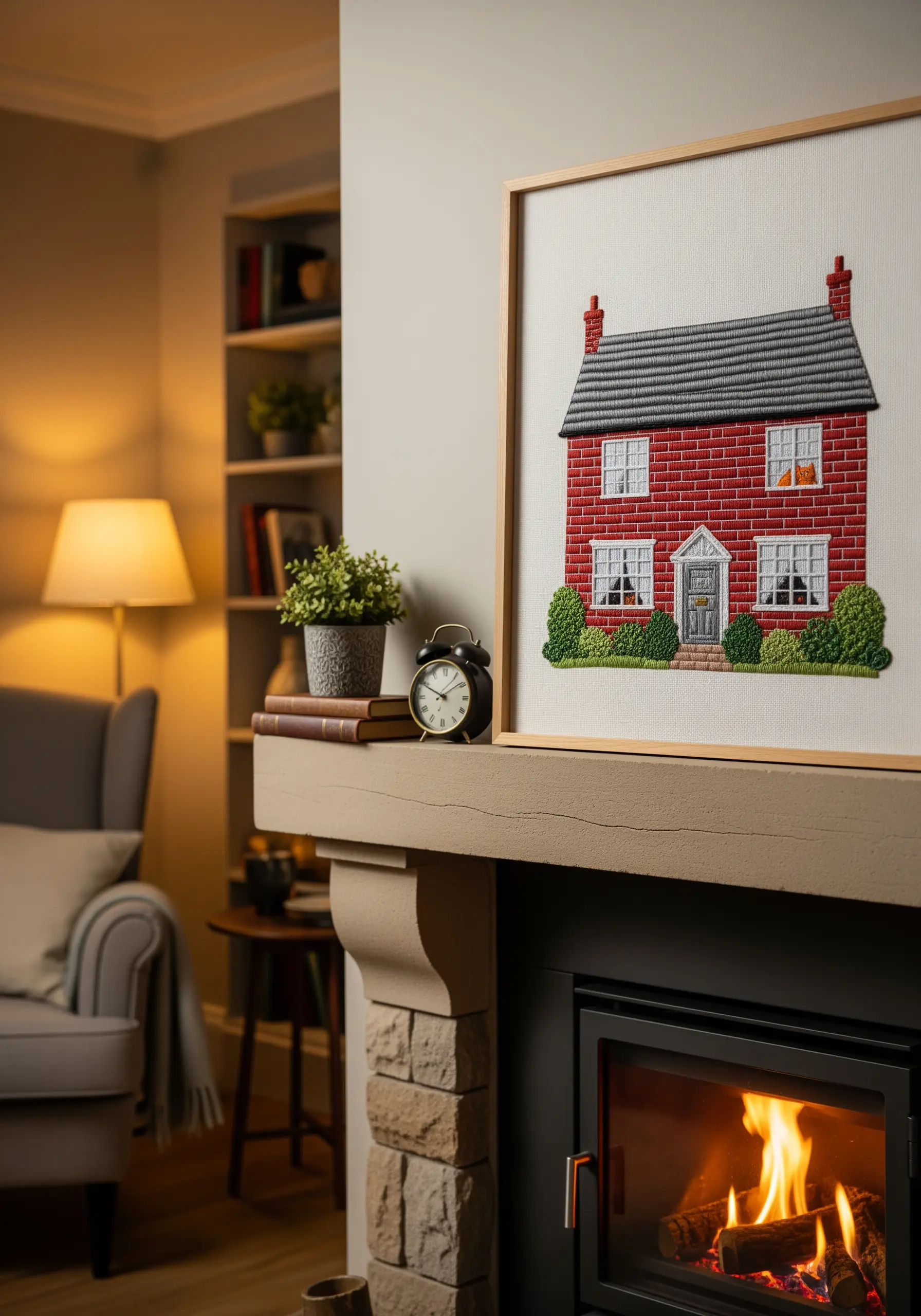 A detailed embroidery of a red brick house, framed and sitting on a mantelpiece.