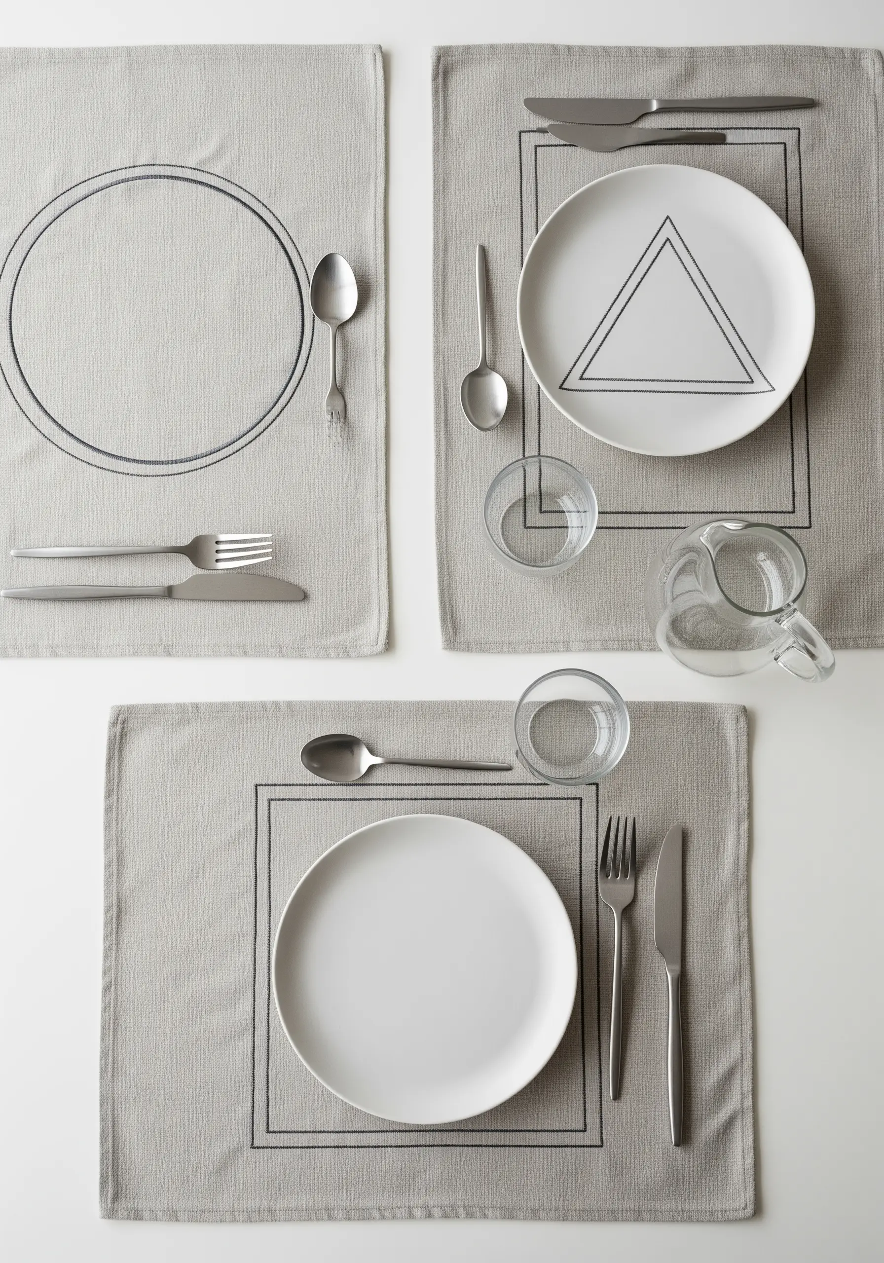 Minimalist geometric shapes—circles and squares—embroidered in black on grey linen placemats.