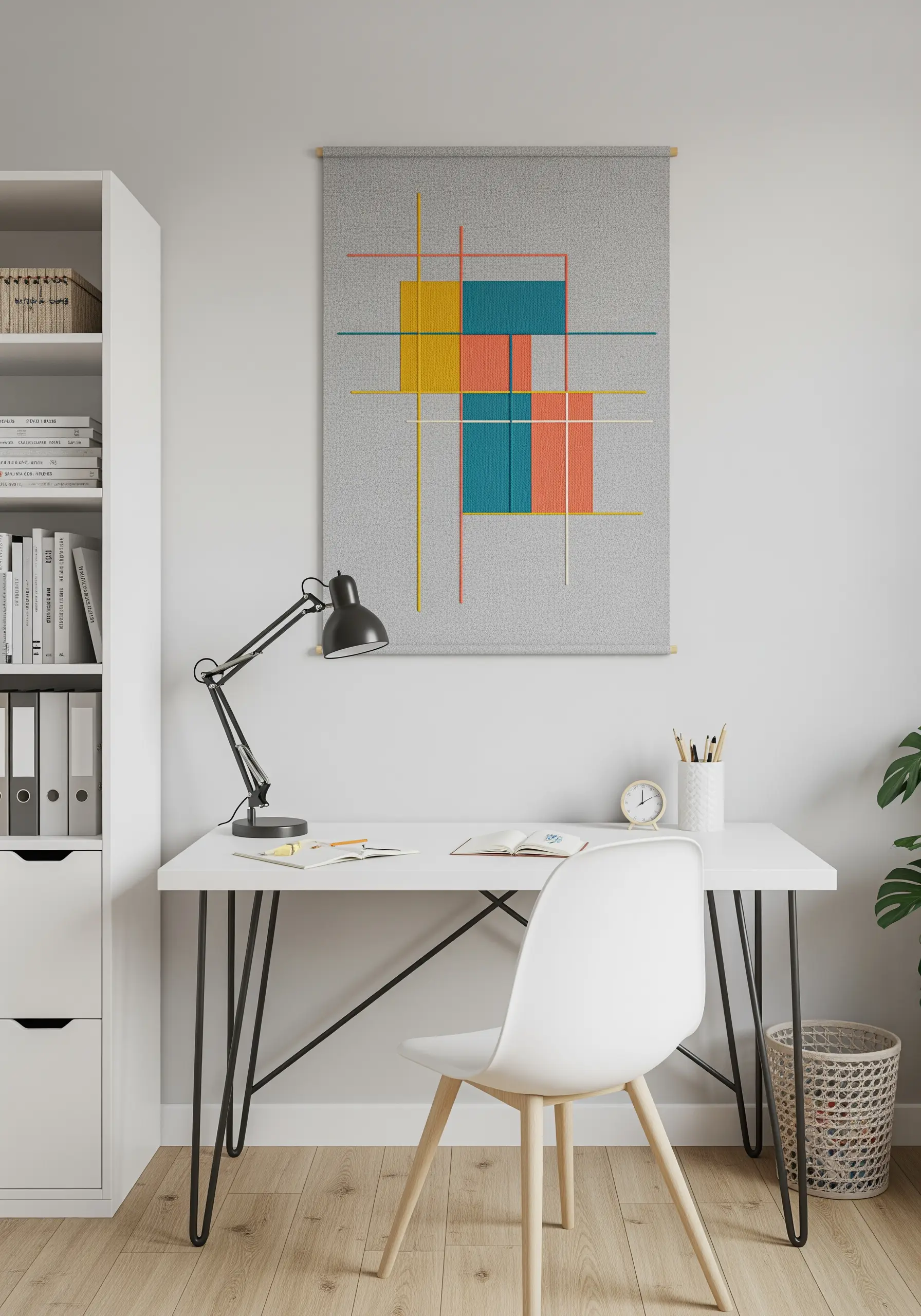 A minimalist geometric embroidery wall hanging with intersecting lines and colored blocks.