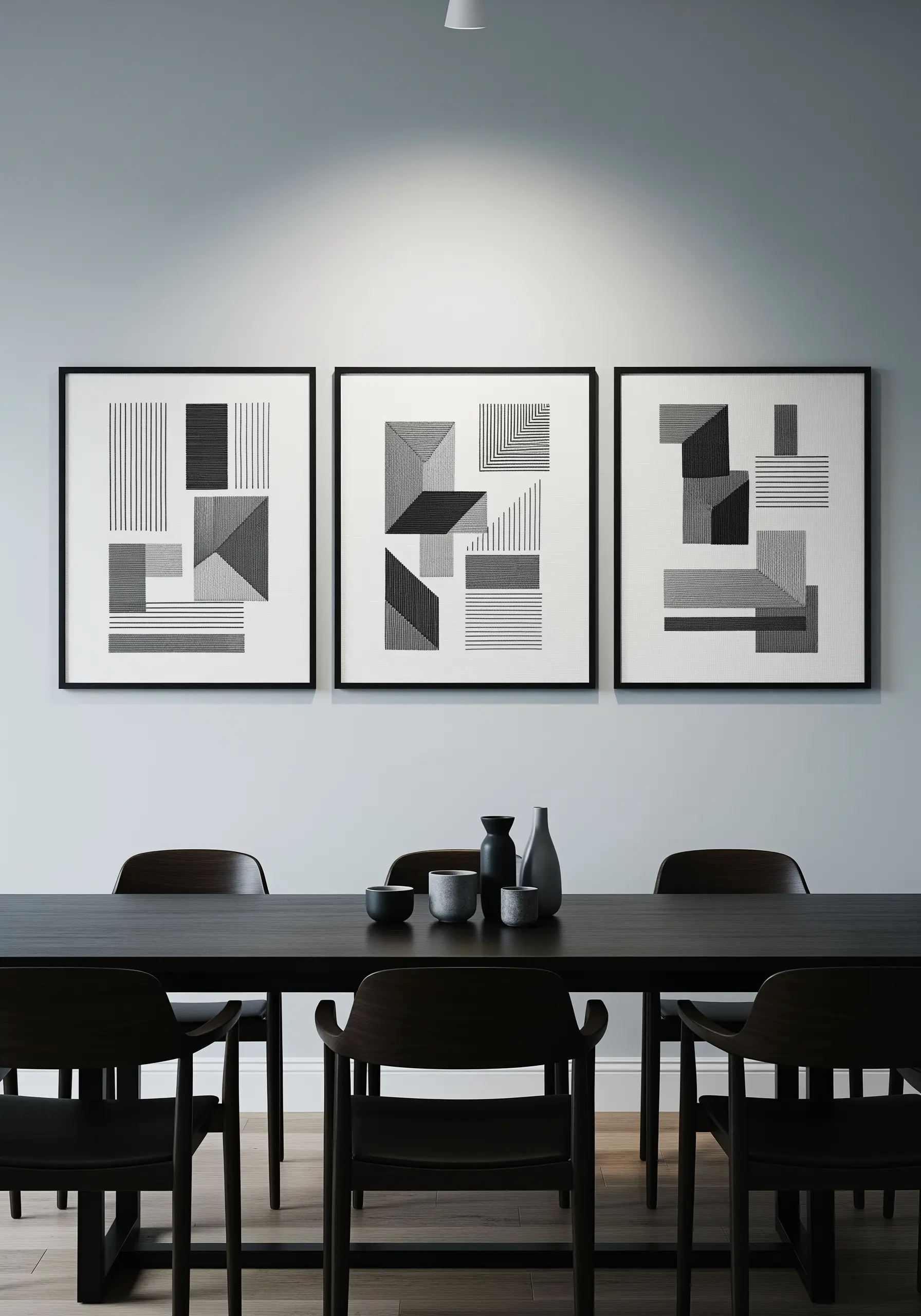 A triptych of framed black and white geometric embroidery with precise lines and fills.