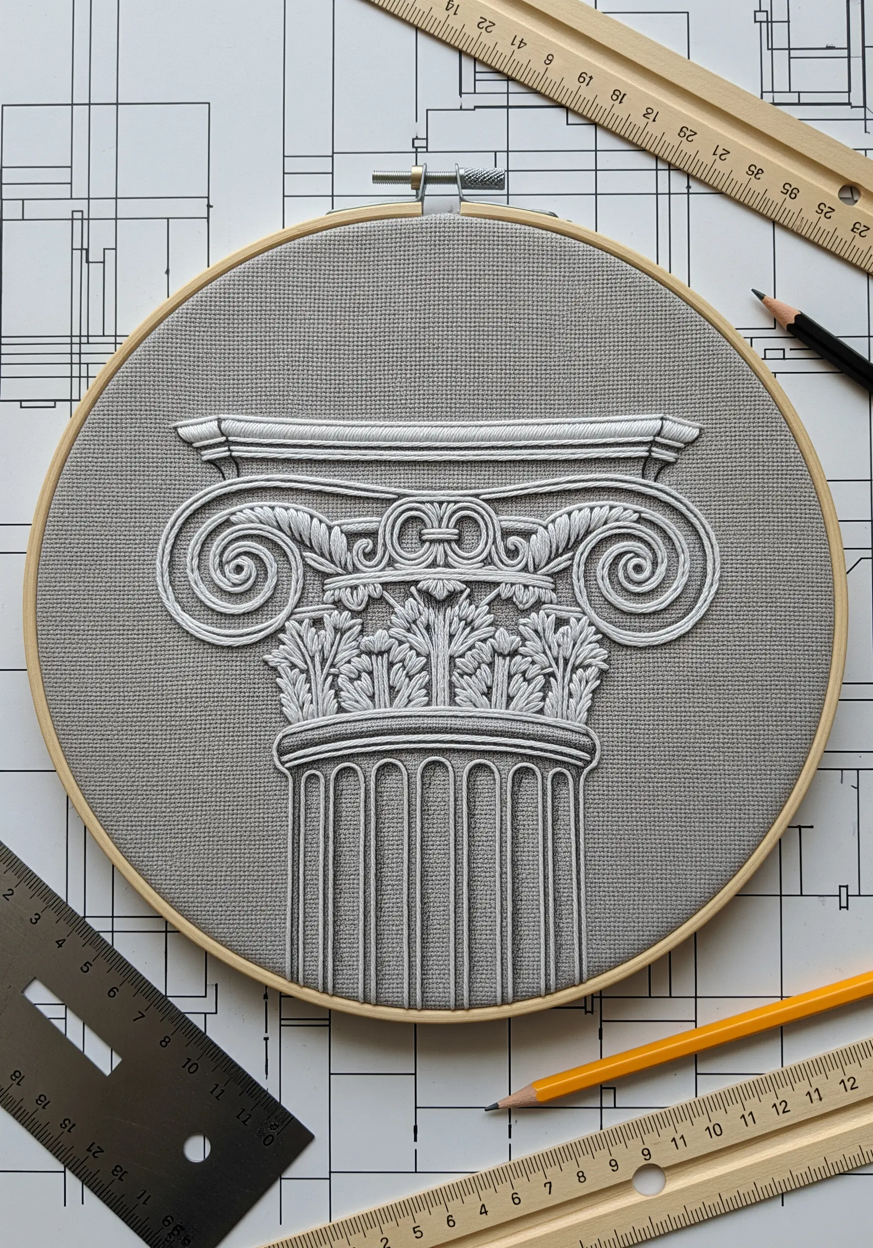 A highly detailed embroidery of a classical column capital in white thread on grey fabric.