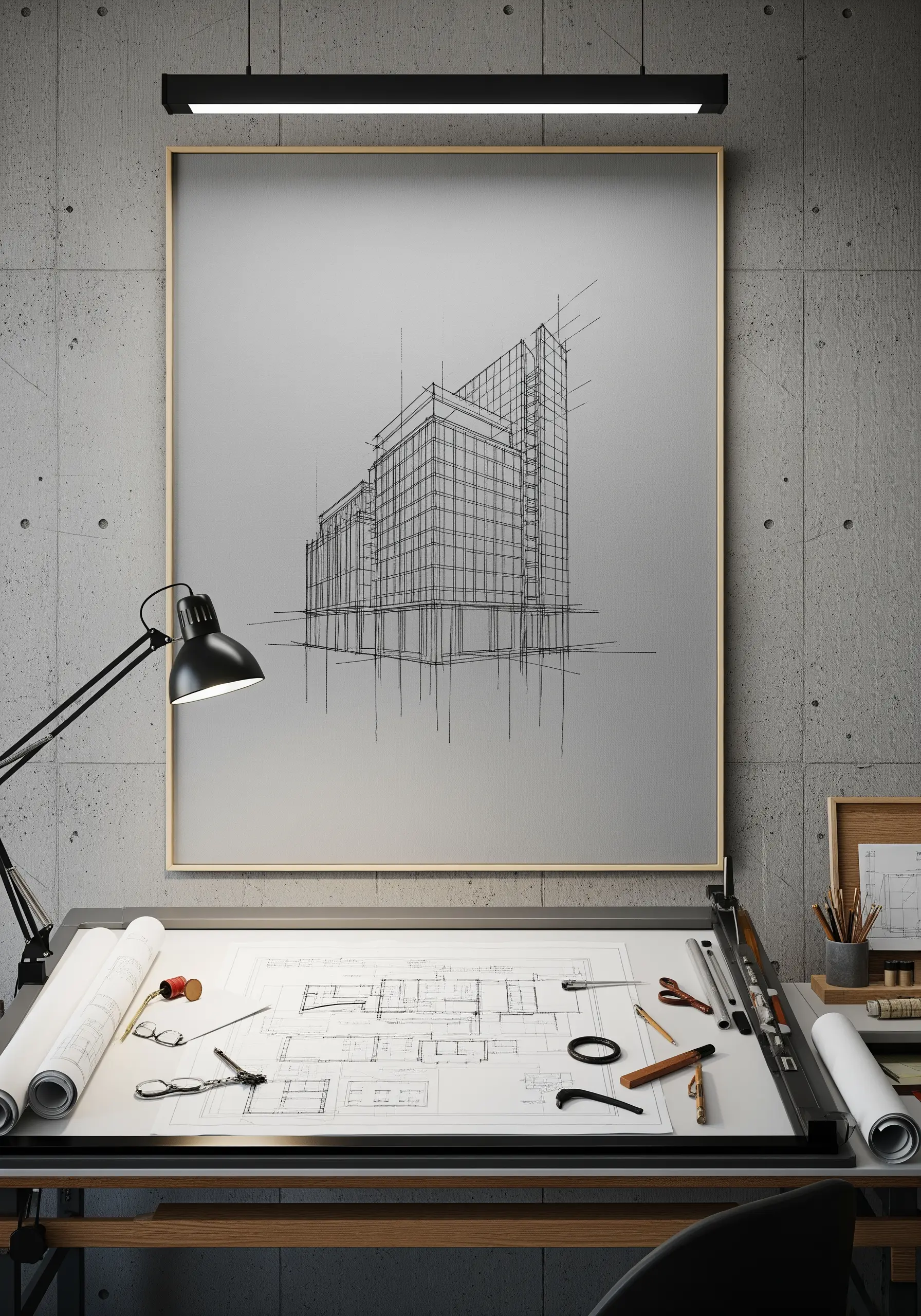 An architectural building sketch embroidered in thin black lines on a grey canvas.