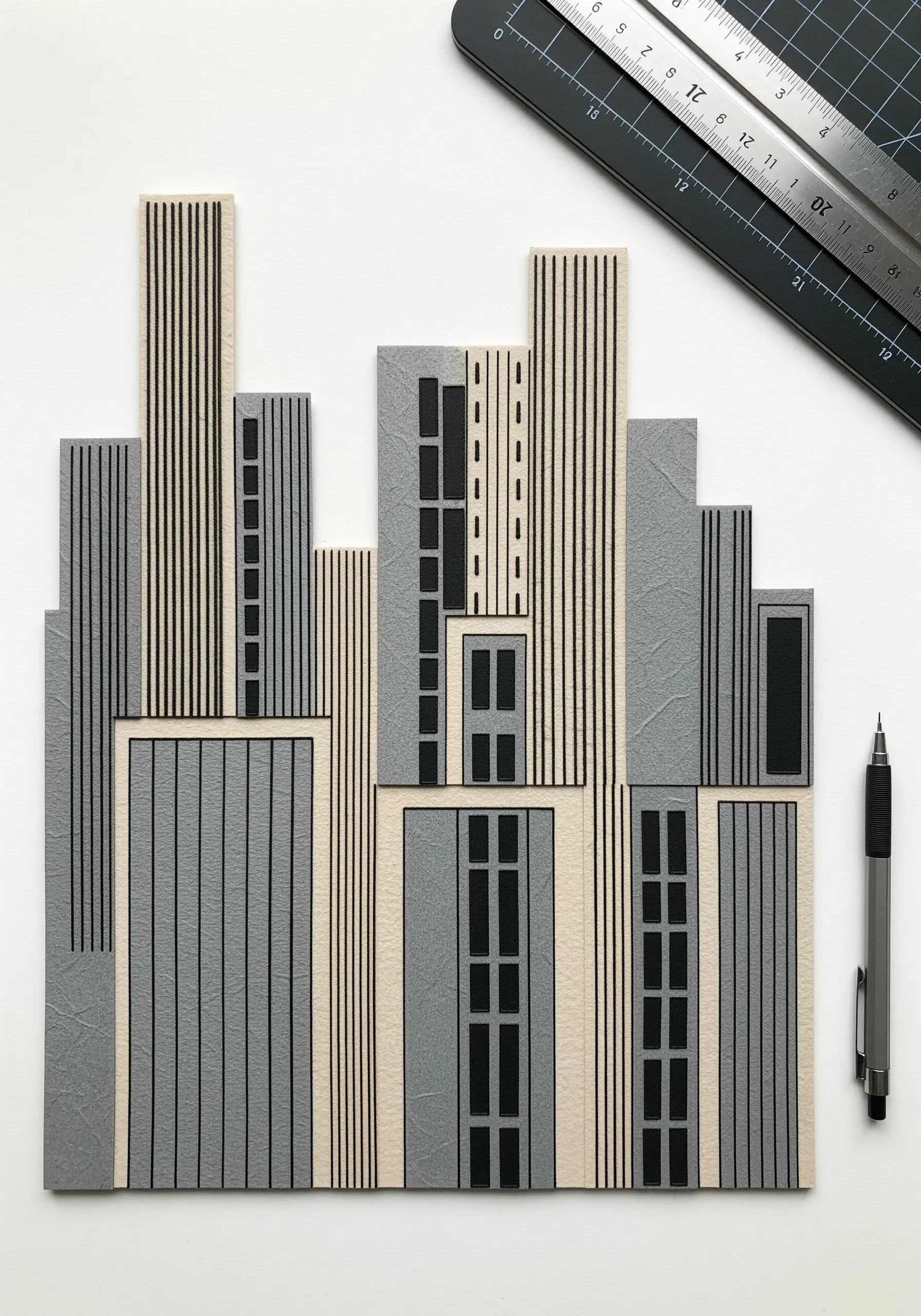 Abstract city skyline made of grey paper strips with vertical black stitching