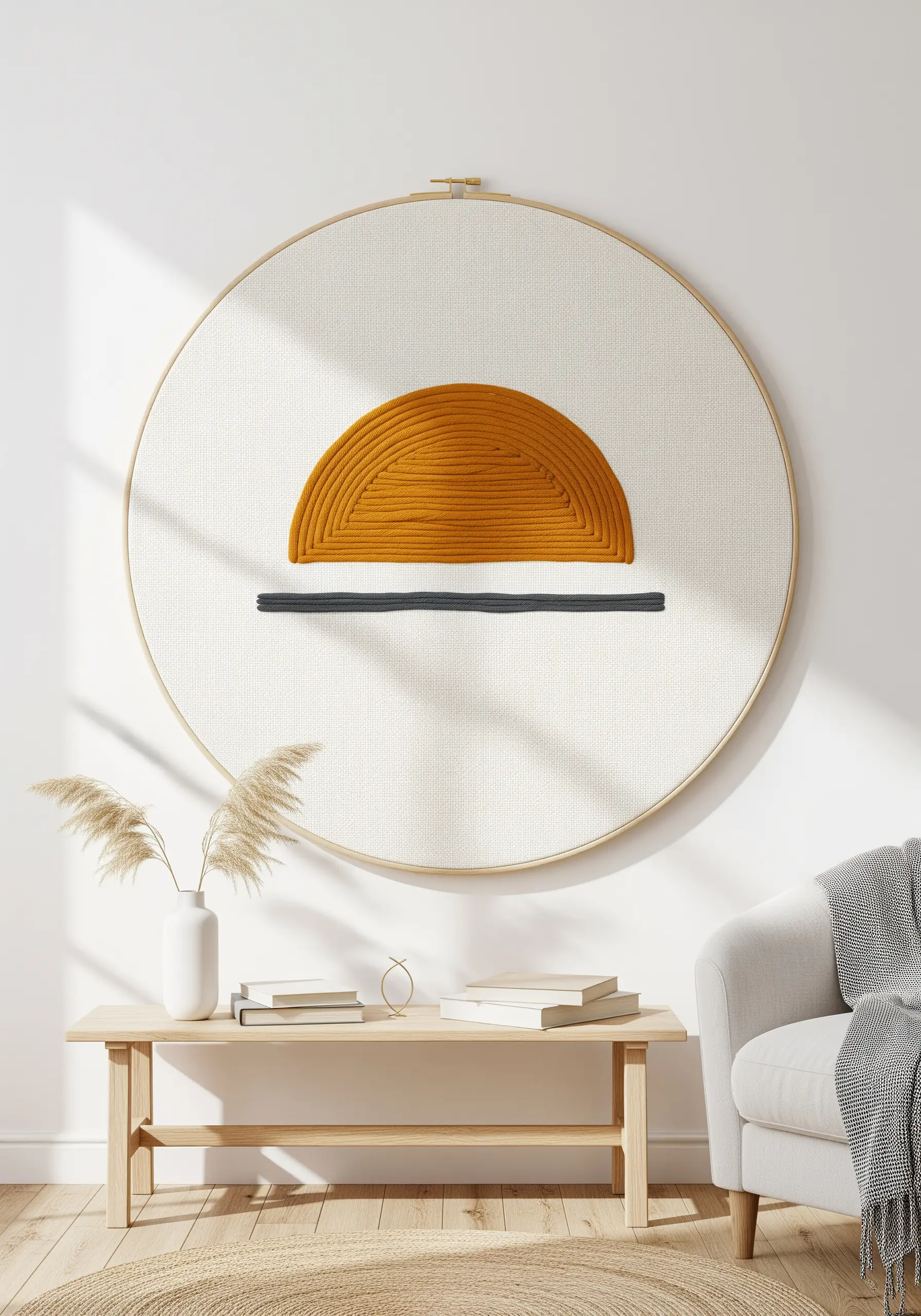 Abstract sun embroidery using thick yarn and satin stitch on white canvas