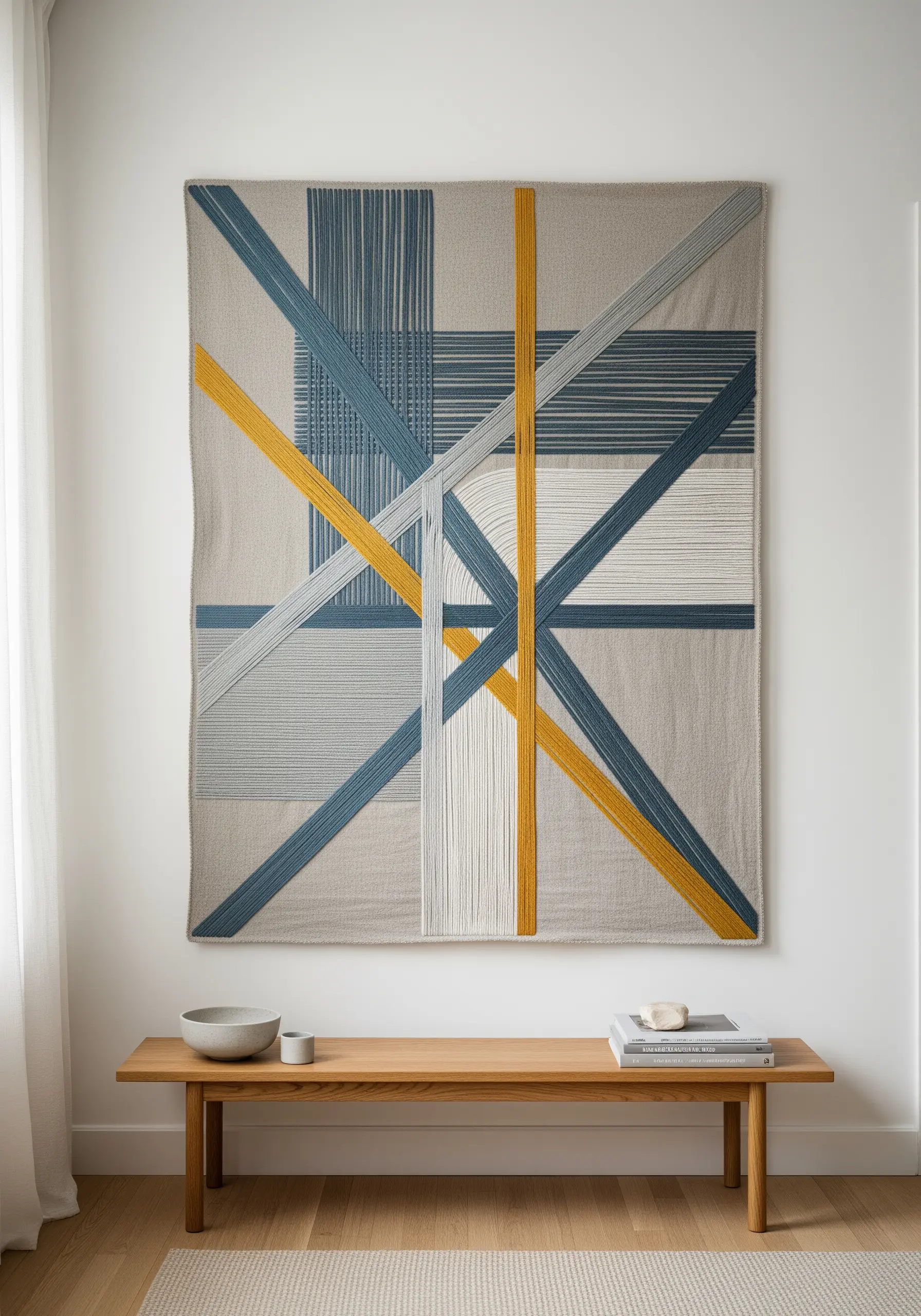 Large-scale abstract wall tapestry with wrapped blue, yellow, and grey yarn.