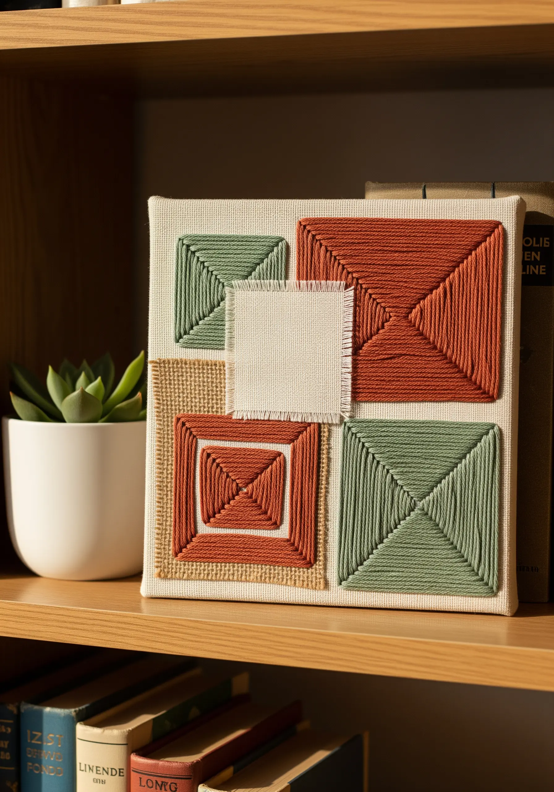 Geometric yarn-wrapped squares in rust and sage green on a layered fabric canvas.