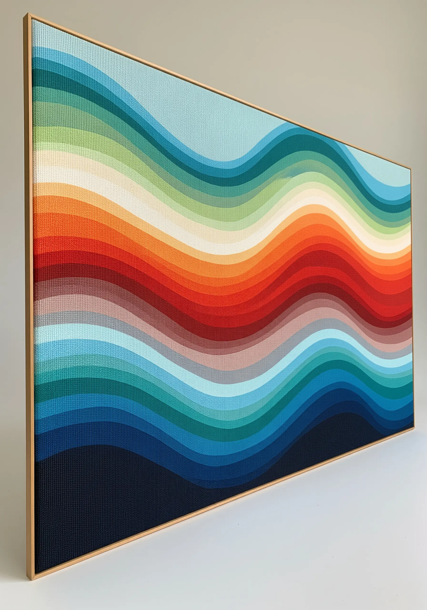 Precisely stitched satin wave patterns in a bold, full-spectrum color gradient.