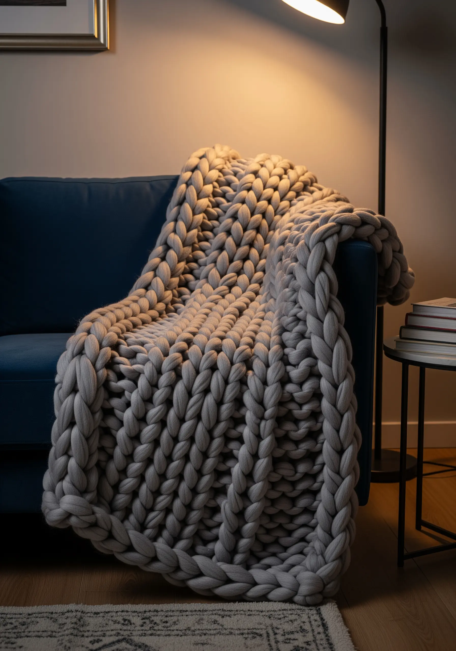 A very thick, chunky-knit gray blanket draped over a blue sofa.