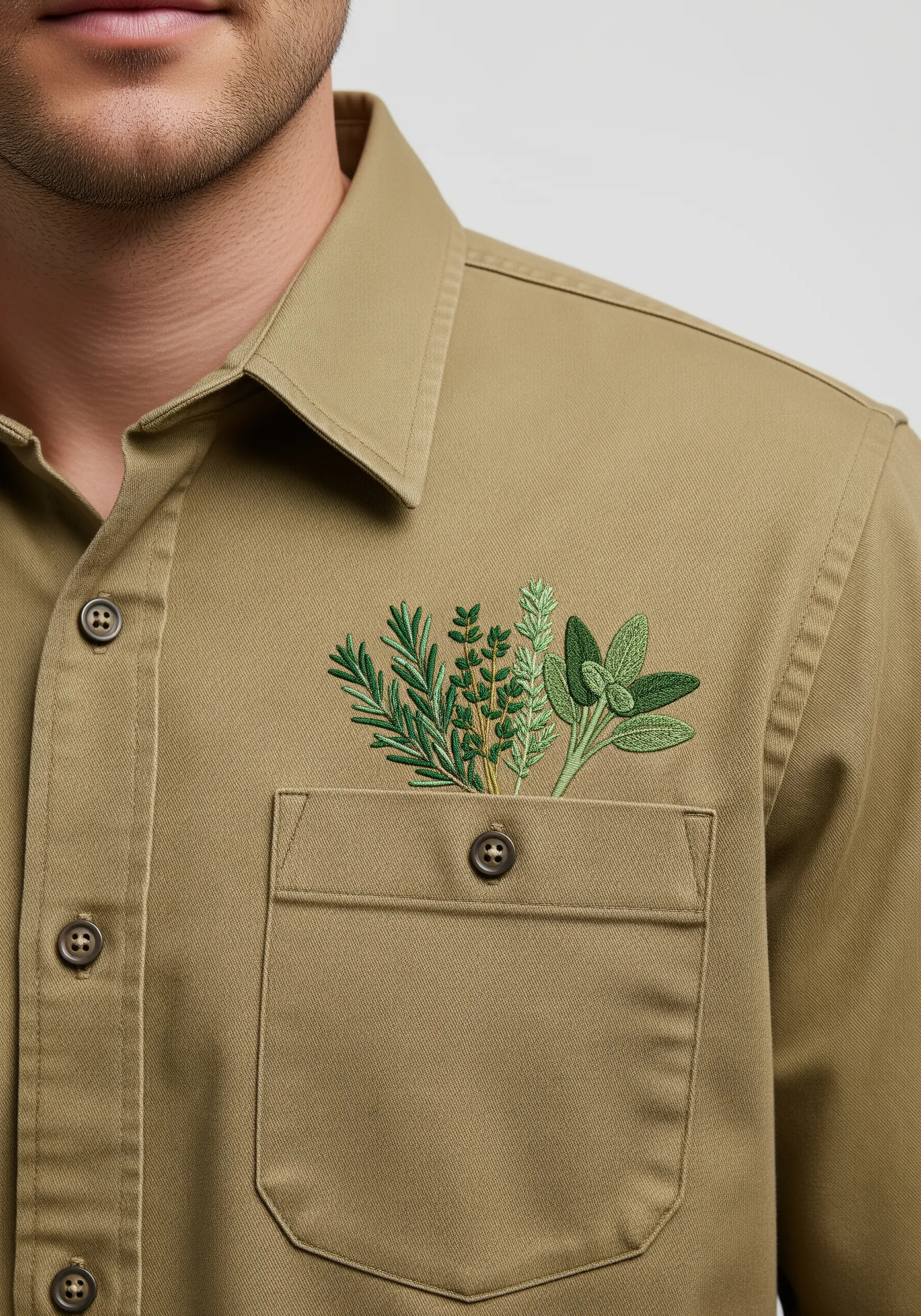 A small bundle of green herbs like rosemary and sage embroidered in a khaki shirt pocket.