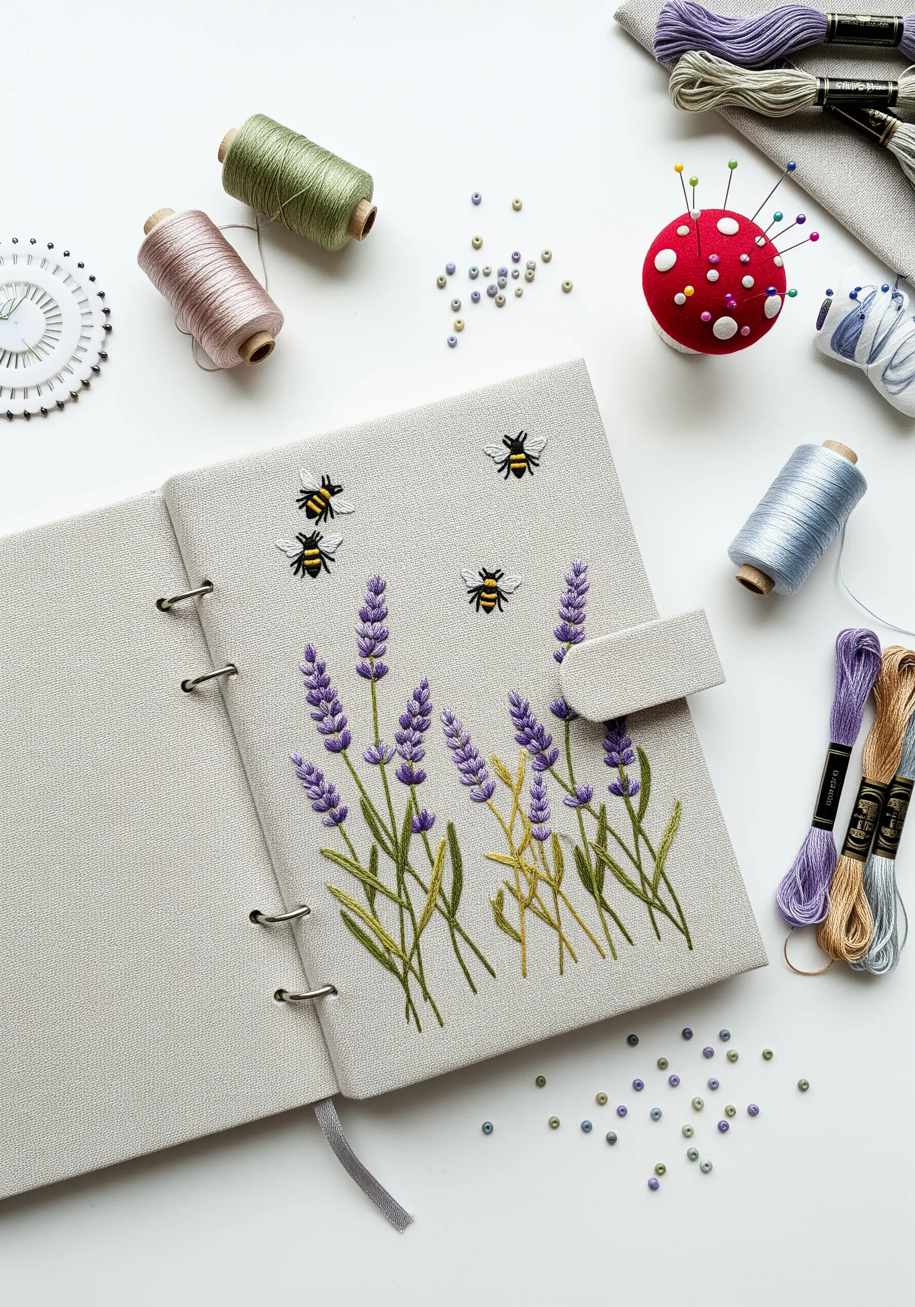 Embroidered lavender and bees on the gray cover of a ring-binder journal.