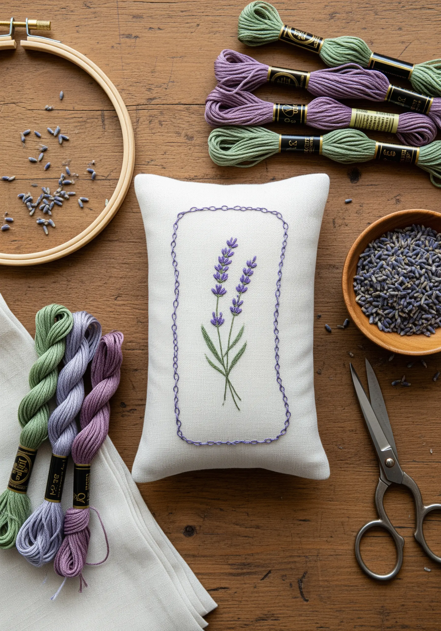 Hand-embroidered lavender sprig on a small linen pillow, surrounded by threads and an embroidery hoop.